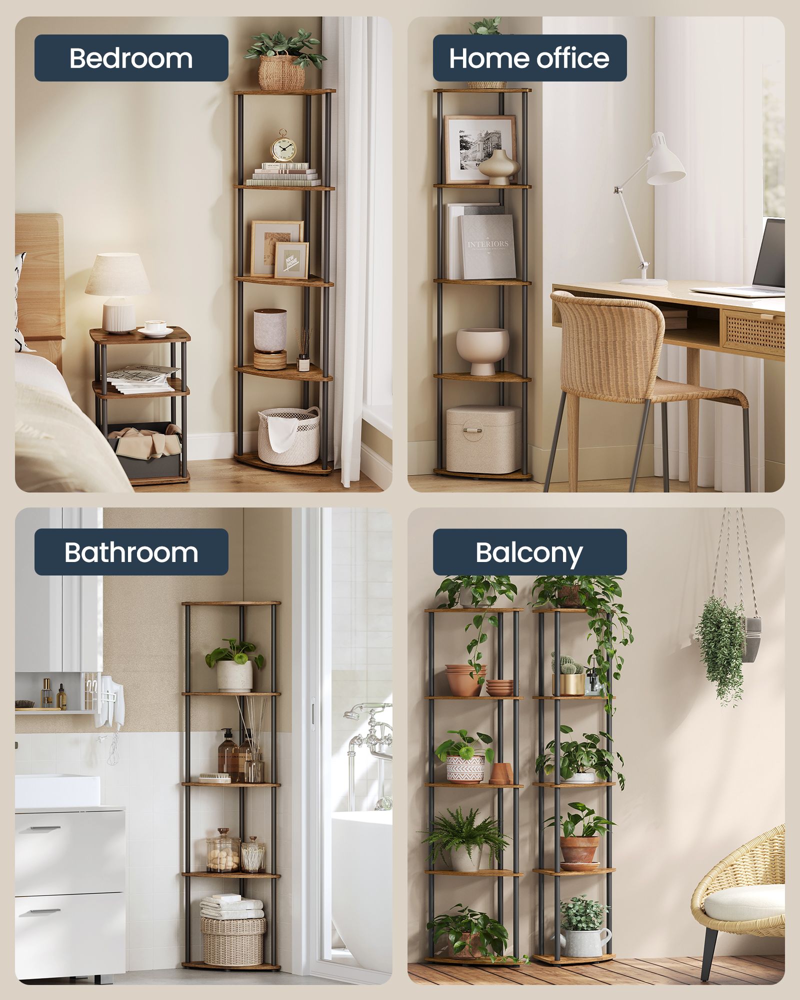 5-Tier Corner Shelf - Wood - Rustic Brown - Toolless Assembly