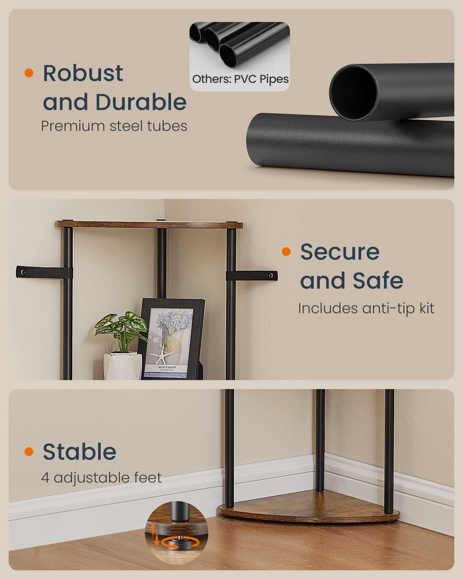 5-Tier Corner Shelf - Wood - Rustic Brown - Toolless Assembly