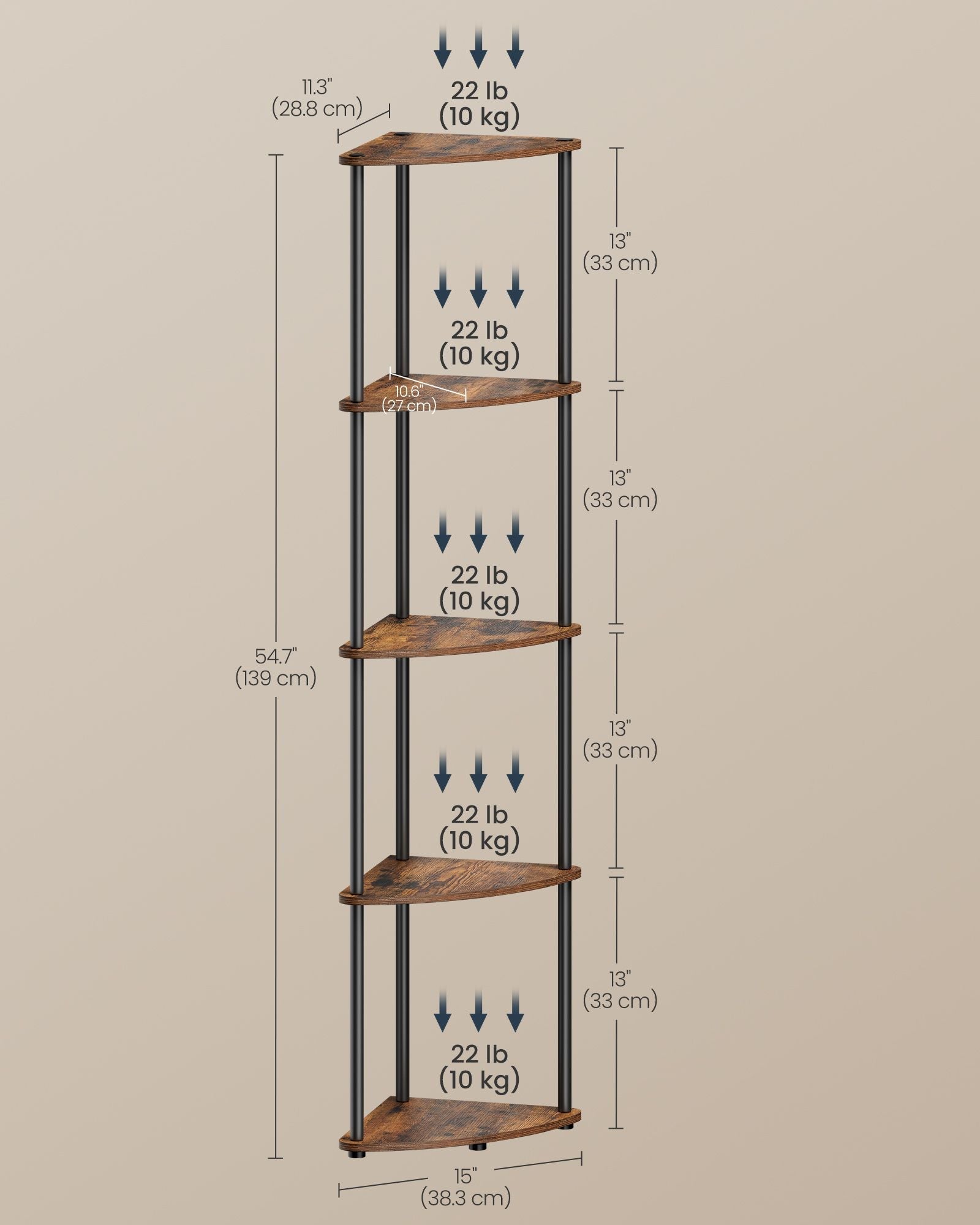 5-Tier Corner Shelf - Wood - Rustic Brown - Toolless Assembly
