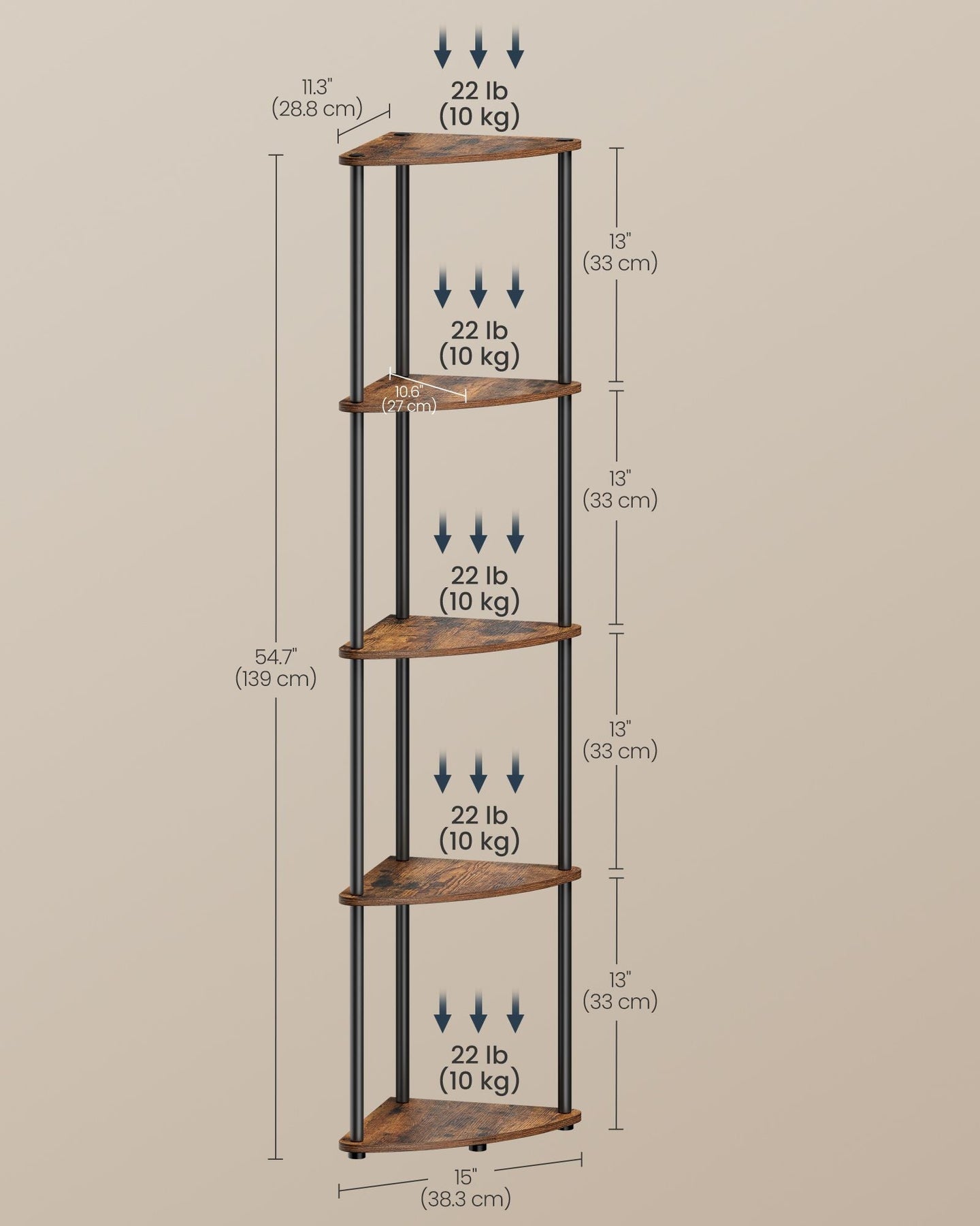 5-Tier Corner Shelf - Wood - Rustic Brown - Toolless Assembly