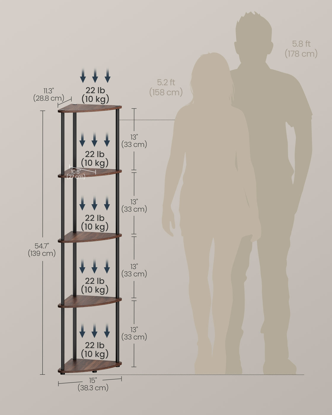 Corner Shelving Unit - Engineered Wood - Rustic Brown - 5-Tier Design with Toolless Assembly