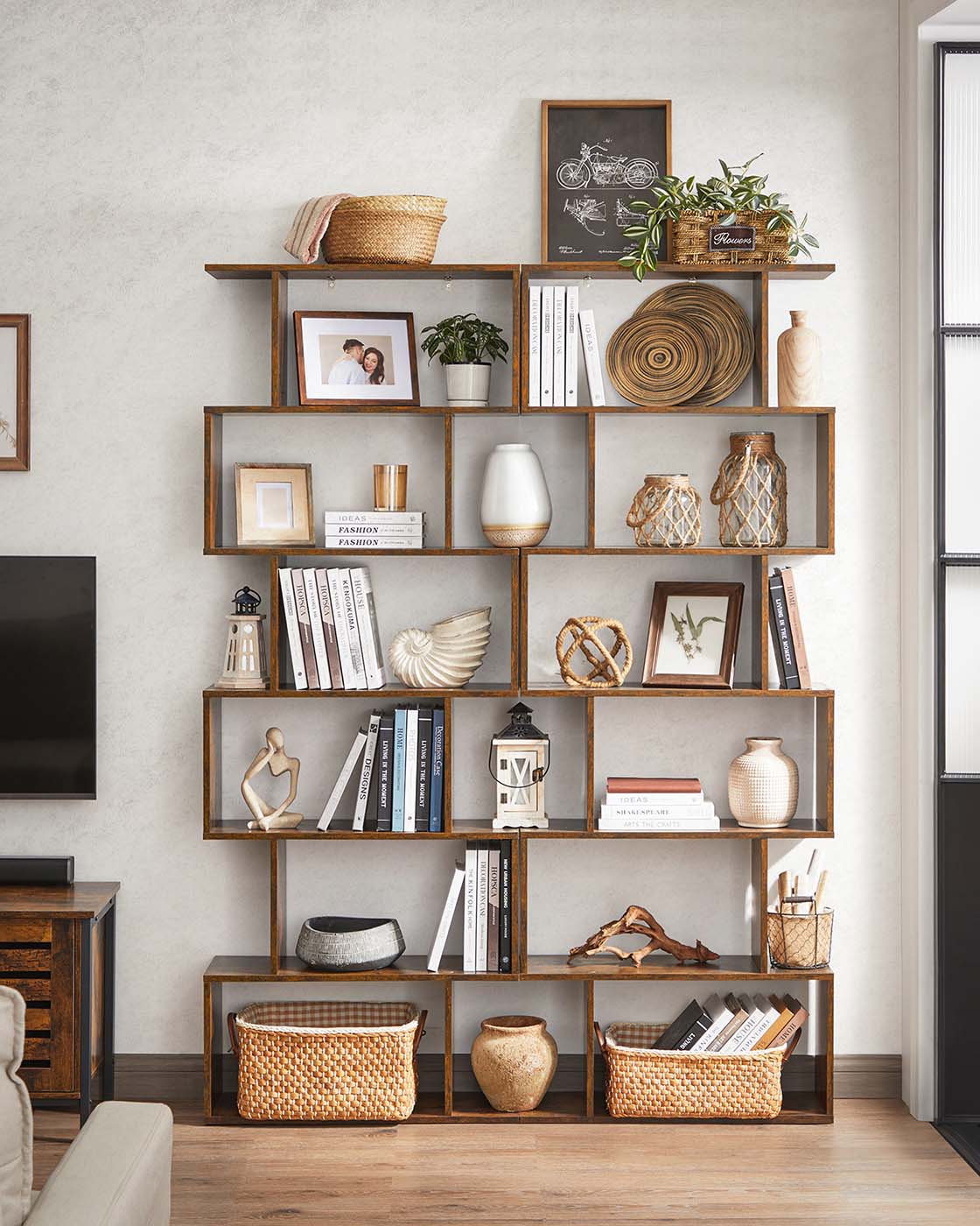 Freestanding Bookcase - Wood - White - 6-Tier Cube Display Shelf and Room Divider