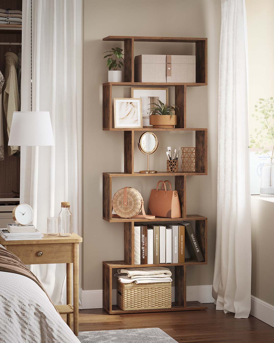 Freestanding Bookcase - Wood - White - 6-Tier Cube Display Shelf and Room Divider