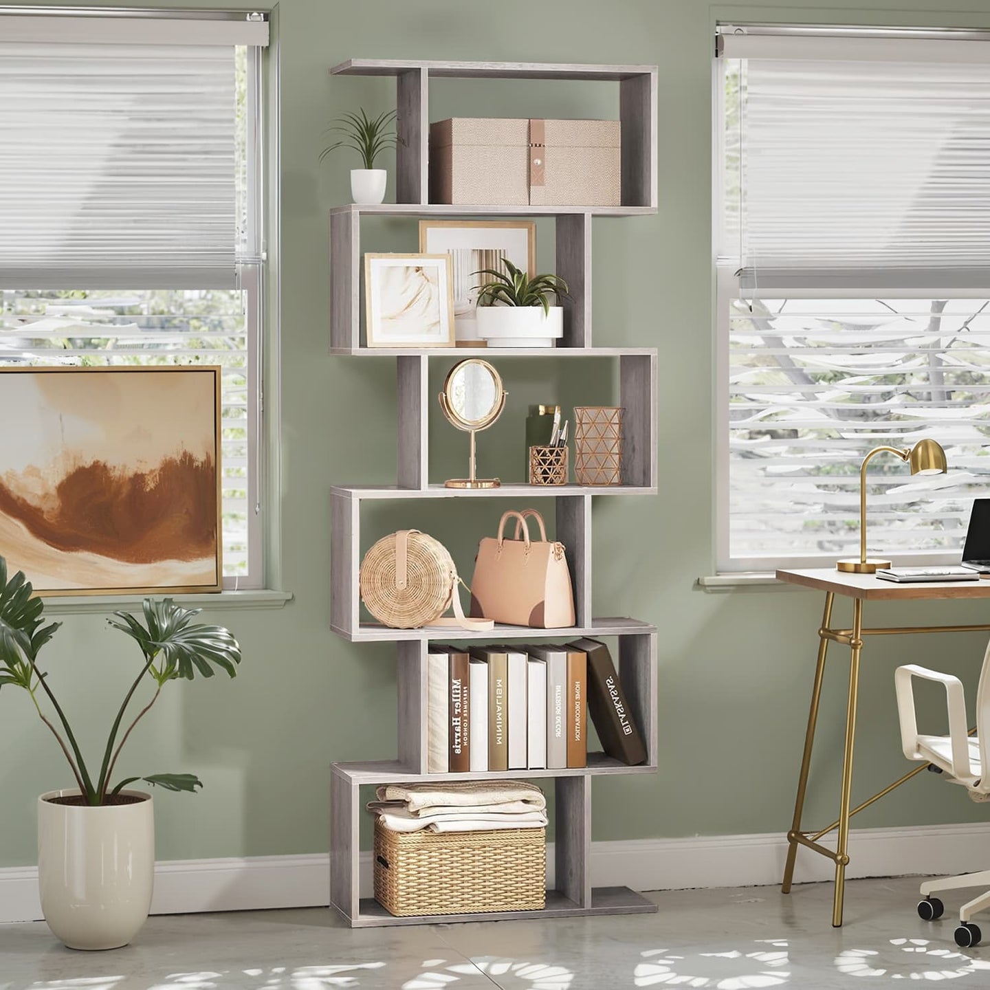 6-Tier Bookshelf - Wood - White - Freestanding Room Divider