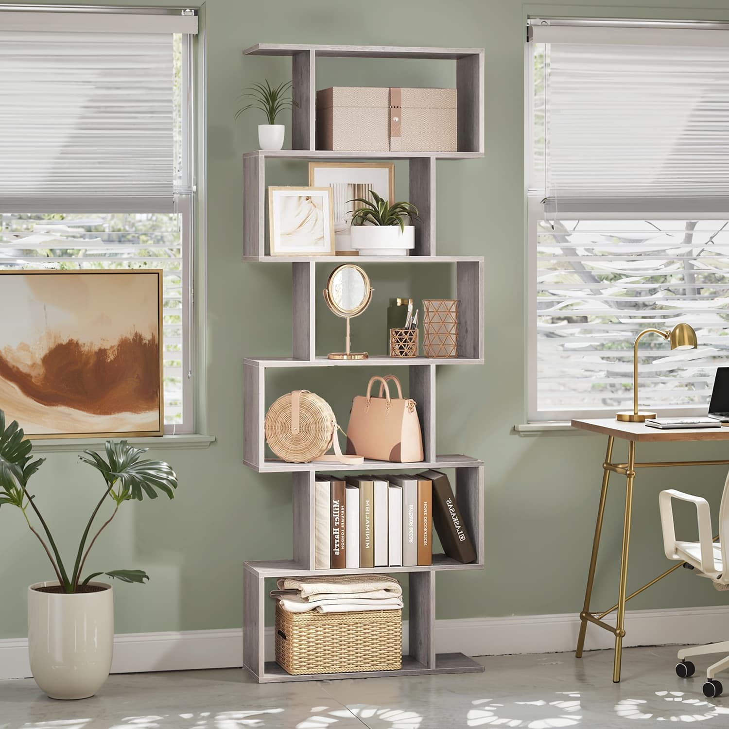 6-Tier Bookshelf - Wood - White - Freestanding Room Divider