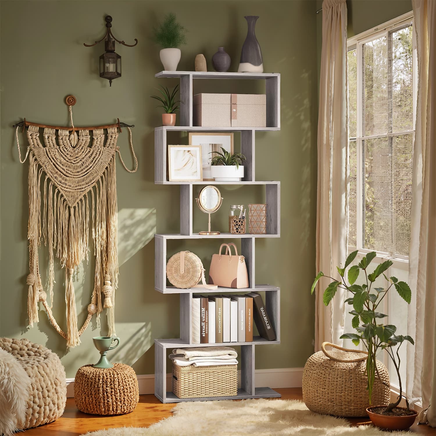 6-Tier Bookshelf - Wood - White - Freestanding Room Divider