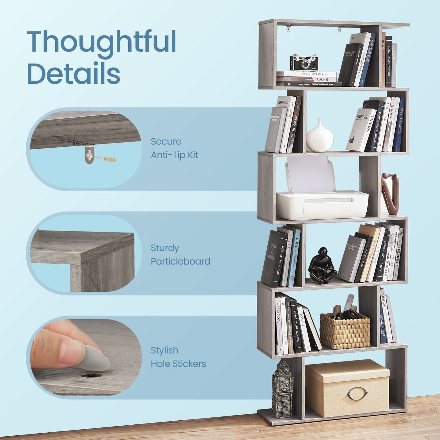 6-Tier Bookshelf - Wood - White - Freestanding Room Divider