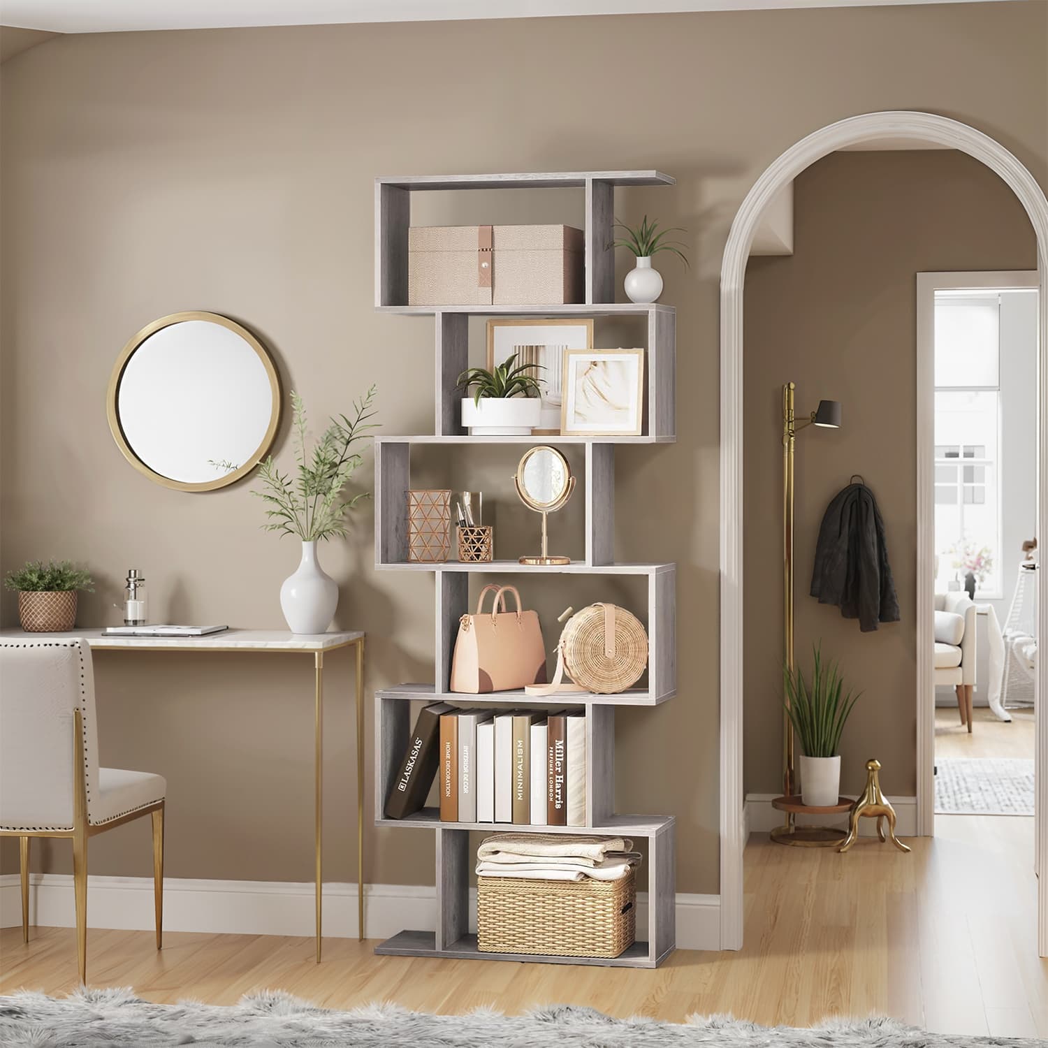 6-Tier Bookshelf - Wood - White - Freestanding Room Divider