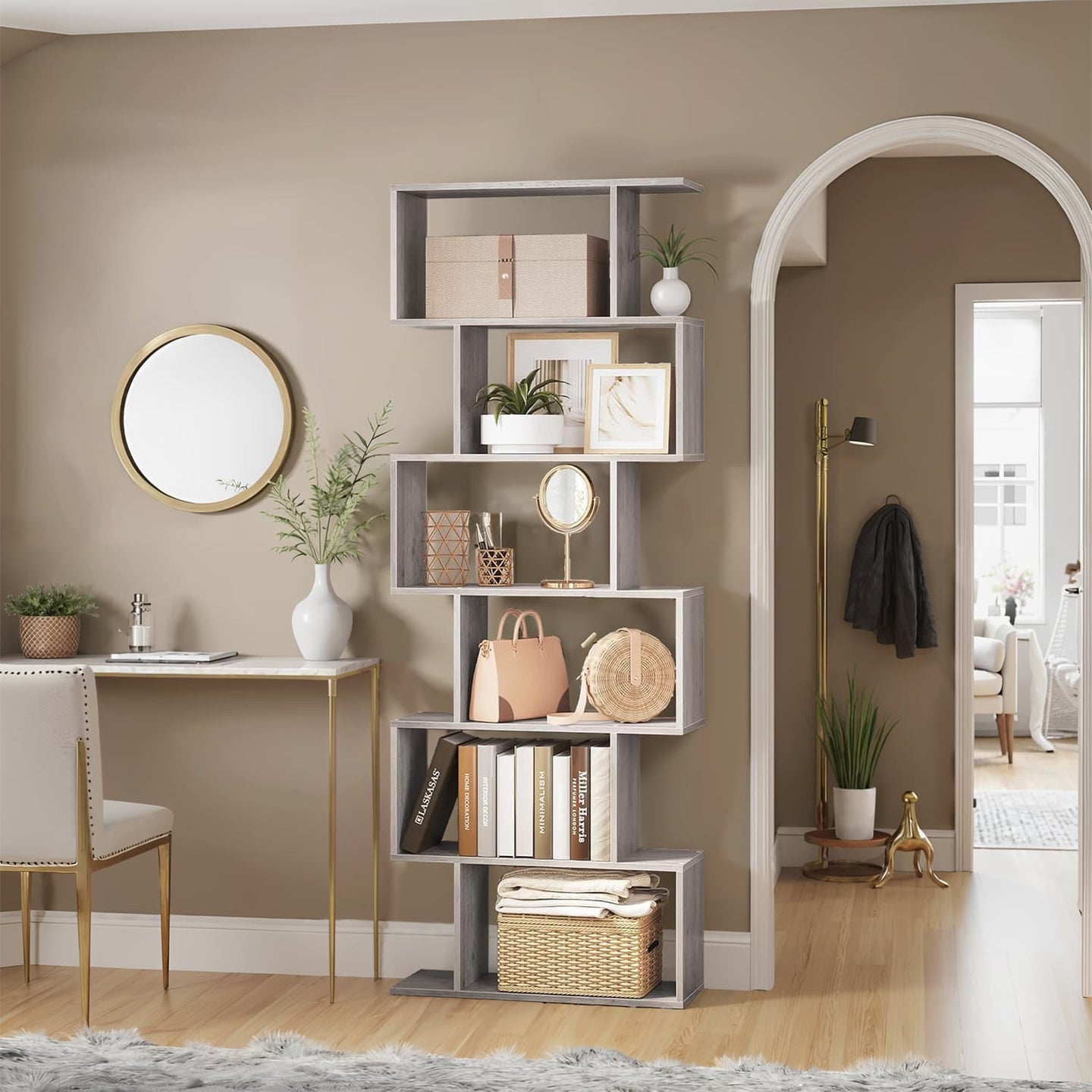 6-Tier Bookshelf - Wood - White - Freestanding Room Divider