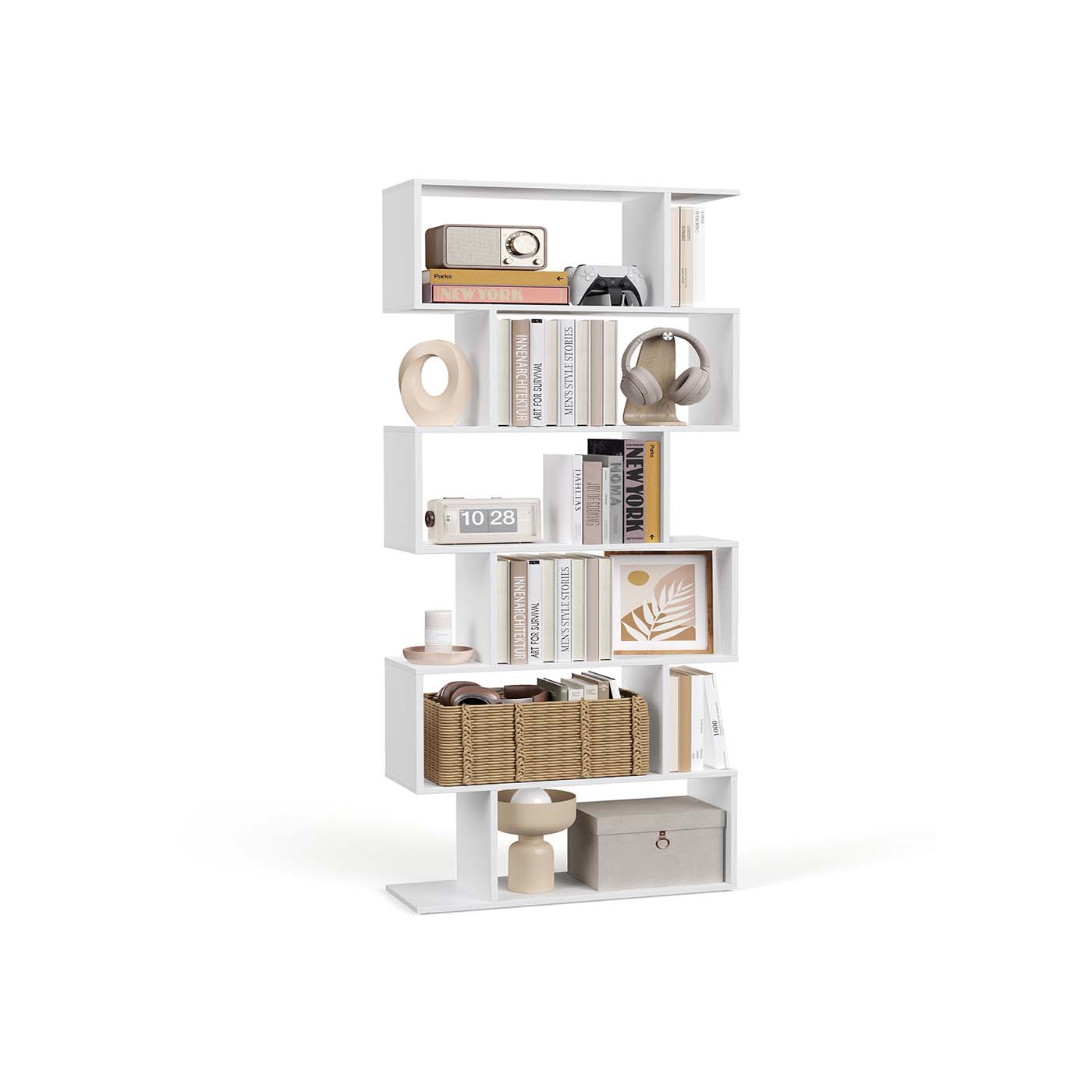 Wooden Cube Display Shelf - Wood - White - 6-Tier Freestanding Shelving Unit and Room Divider