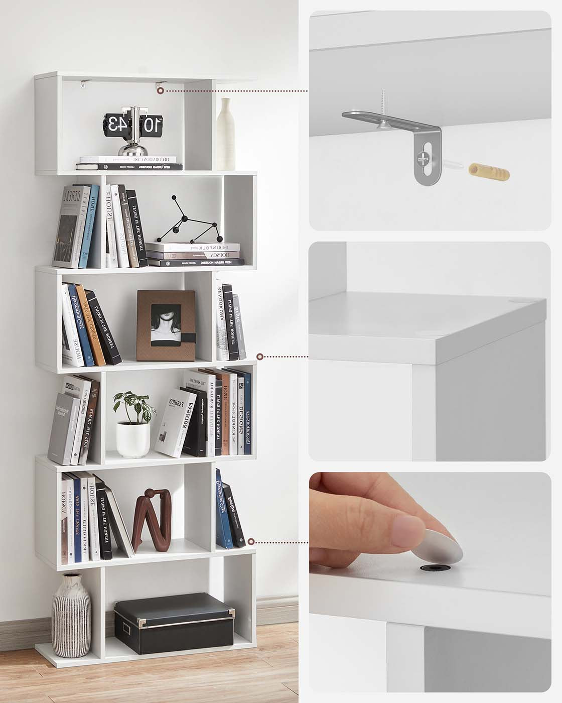 Wooden Cube Display Shelf - Wood - White - 6-Tier Freestanding Shelving Unit and Room Divider