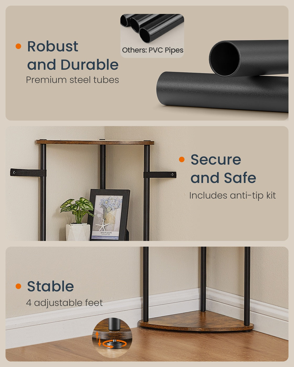 Corner Shelving Unit - Engineered Wood - Rustic Brown - 5-Tier Design with Toolless Assembly