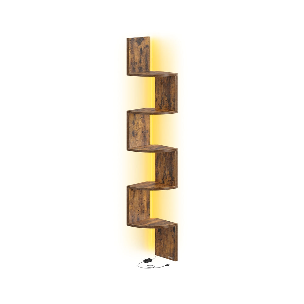 Wall Mounted Corner Shelf - Wood - Matte White - 5-Tier Floating Design with RGB LED Lights and Remote Control