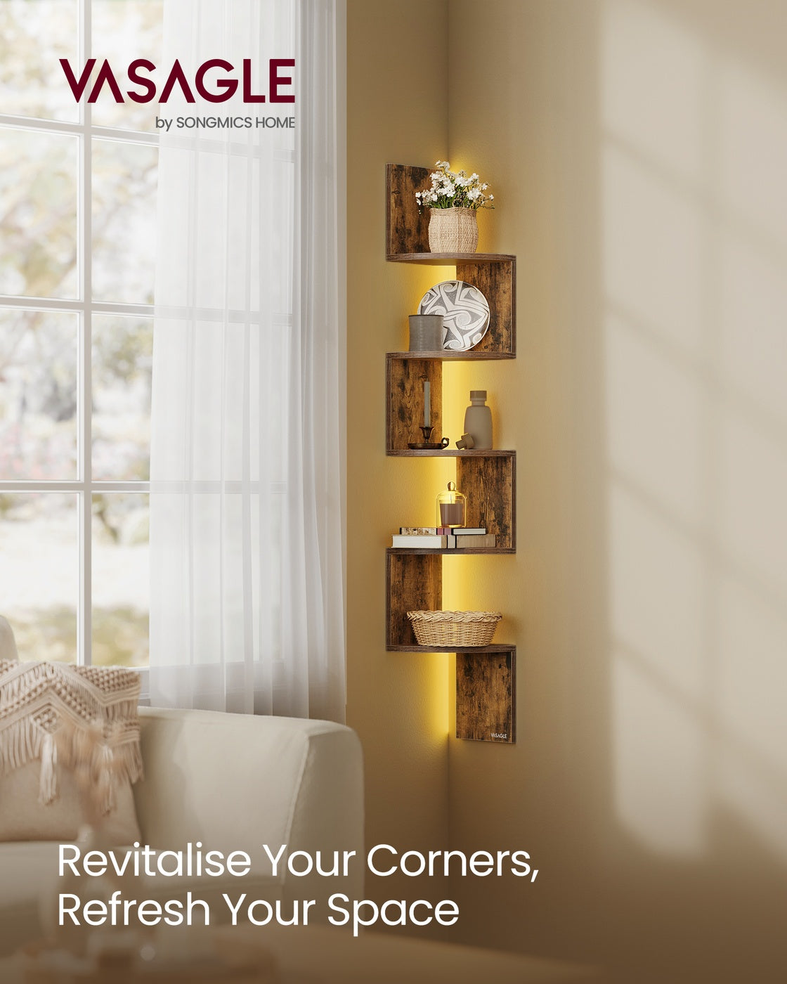 Wall Mounted Corner Shelf - Wood - Matte White - 5-Tier Floating Design with RGB LED Lights and Remote Control
