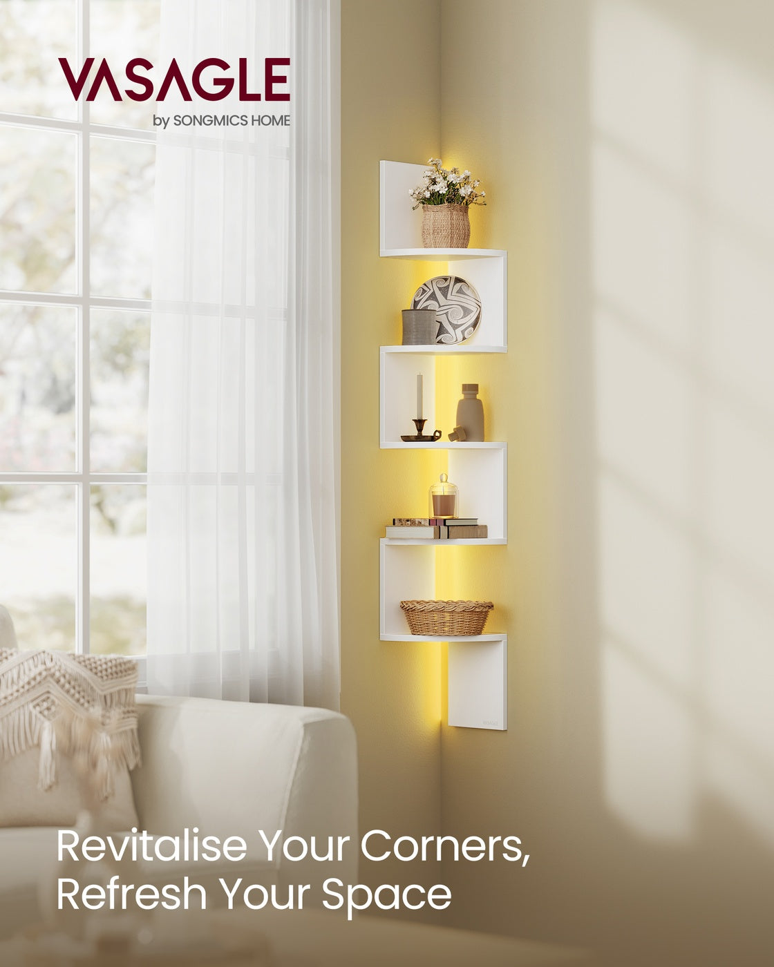 Wall Mounted Corner Shelf - Wood - Matte White - 5-Tier Floating Design with RGB LED Lights and Remote Control