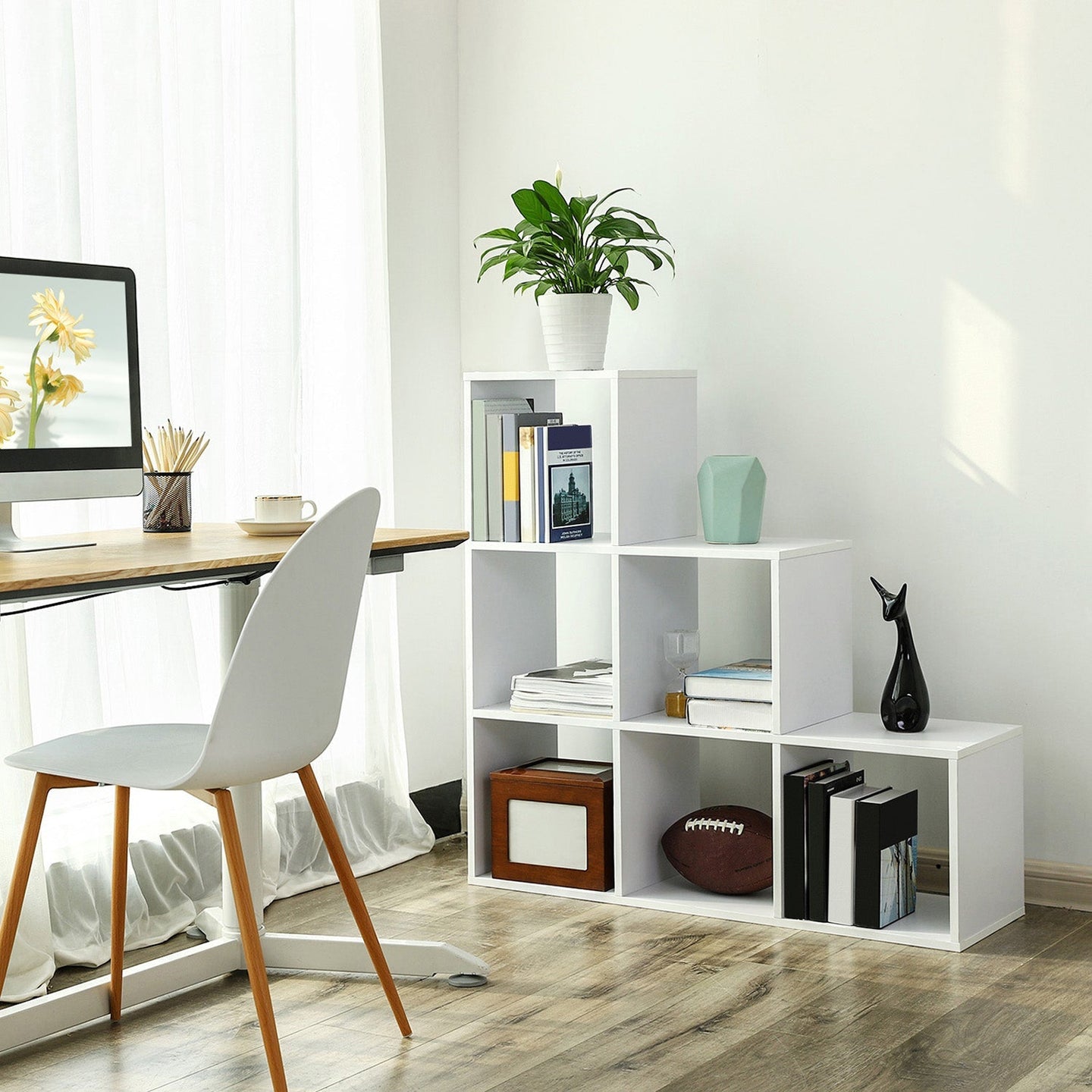 Staircase Shelf - Wood - White - 6-Cube Storage and Display Unit