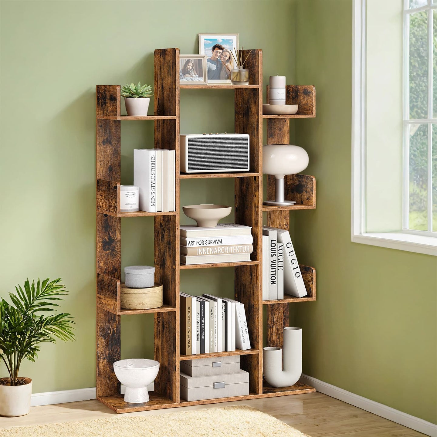 Tree-Shaped Bookcase - Engineered Wood - Rustic Brown - 13 Storage Shelves with Rounded Corners