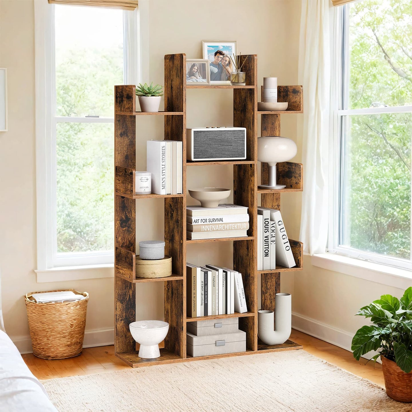 Tree-Shaped Bookcase - Engineered Wood - Rustic Brown - 13 Storage Shelves with Rounded Corners