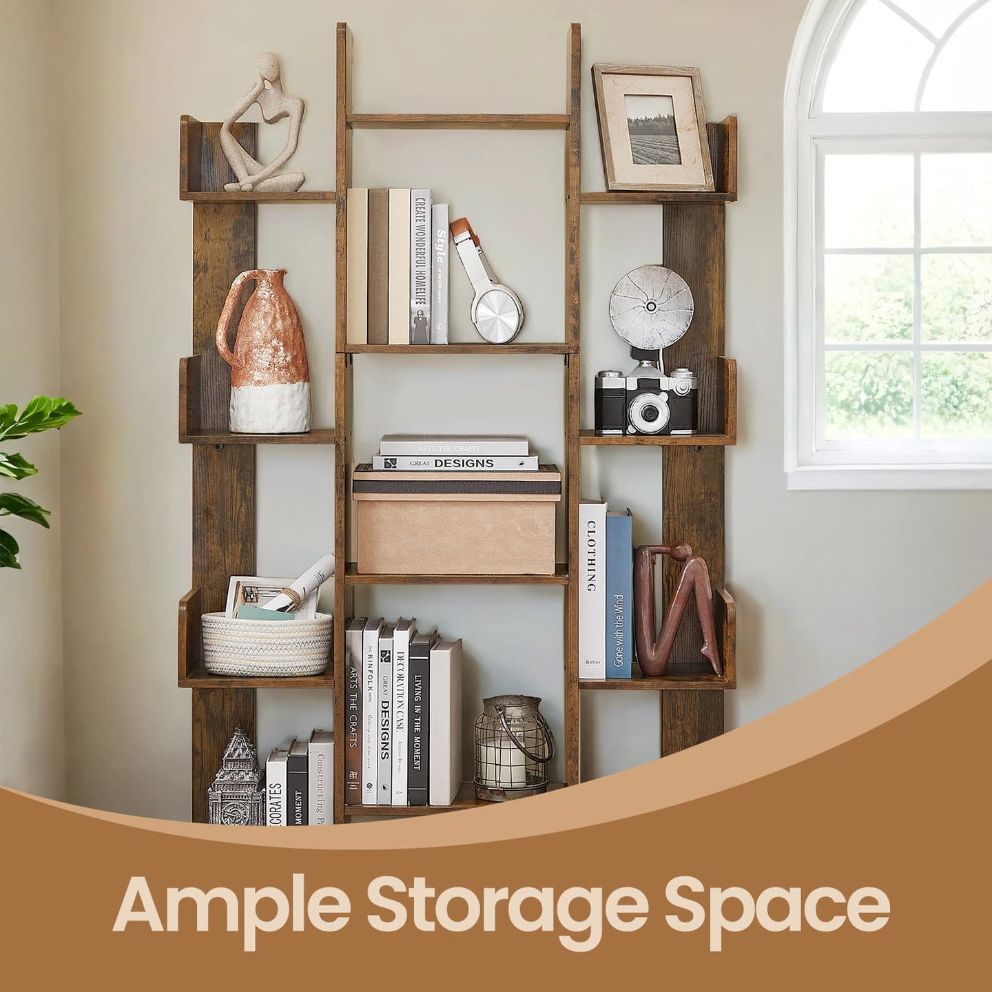 Tree-Shaped Bookcase - Engineered Wood - Rustic Brown - 13 Storage Shelves with Rounded Corners