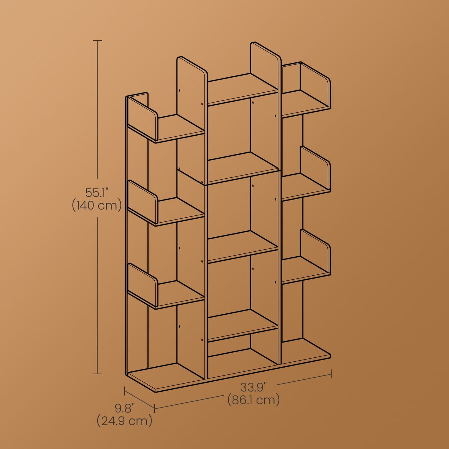 Tree-Shaped Bookcase - Engineered Wood - Rustic Brown - 13 Storage Shelves with Rounded Corners
