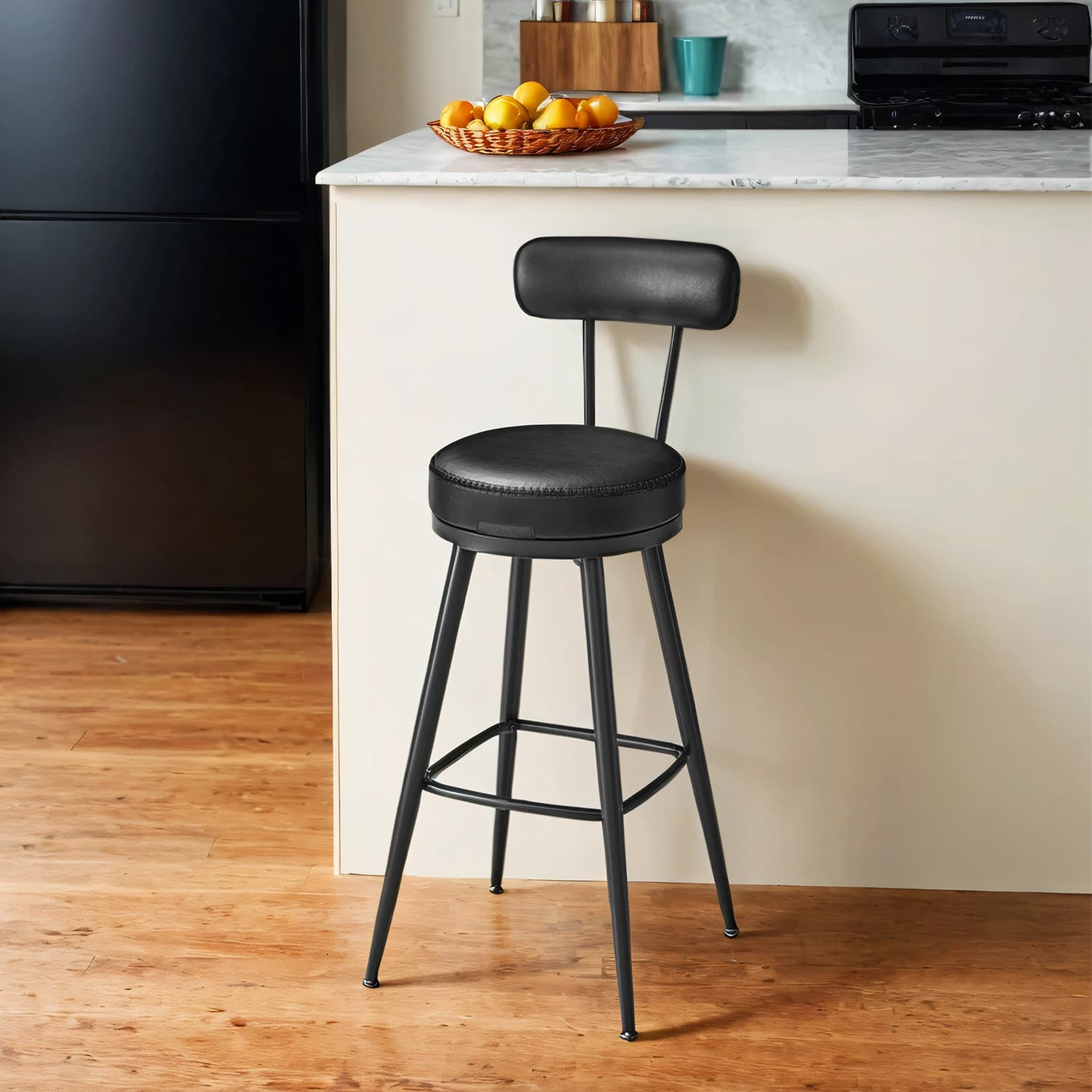 Set of 2 Bar Height Stools - 360° Swivel with Back - Synthetic Leather - Ink Black