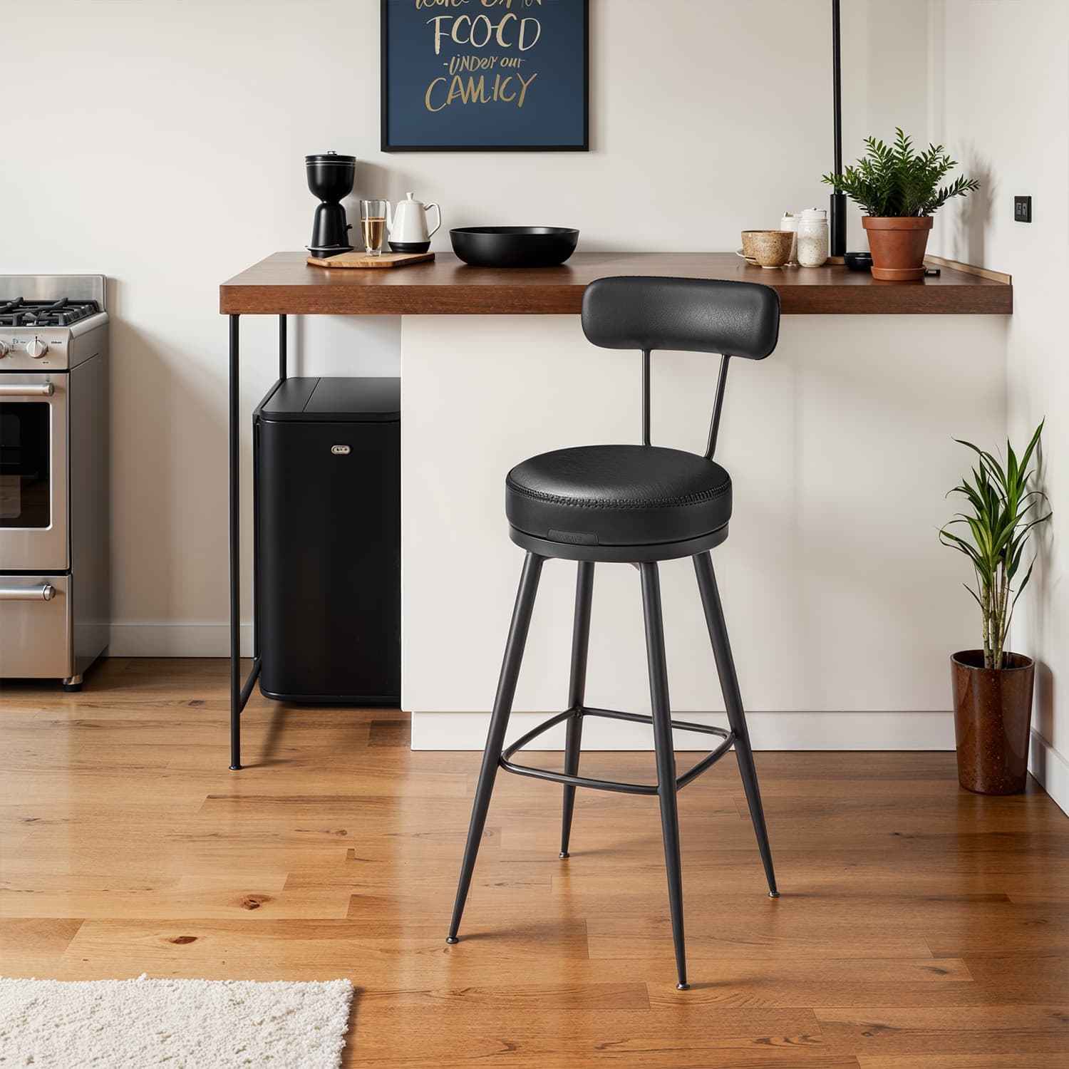 Set of 2 Bar Height Stools - 360° Swivel with Back - Synthetic Leather - Ink Black