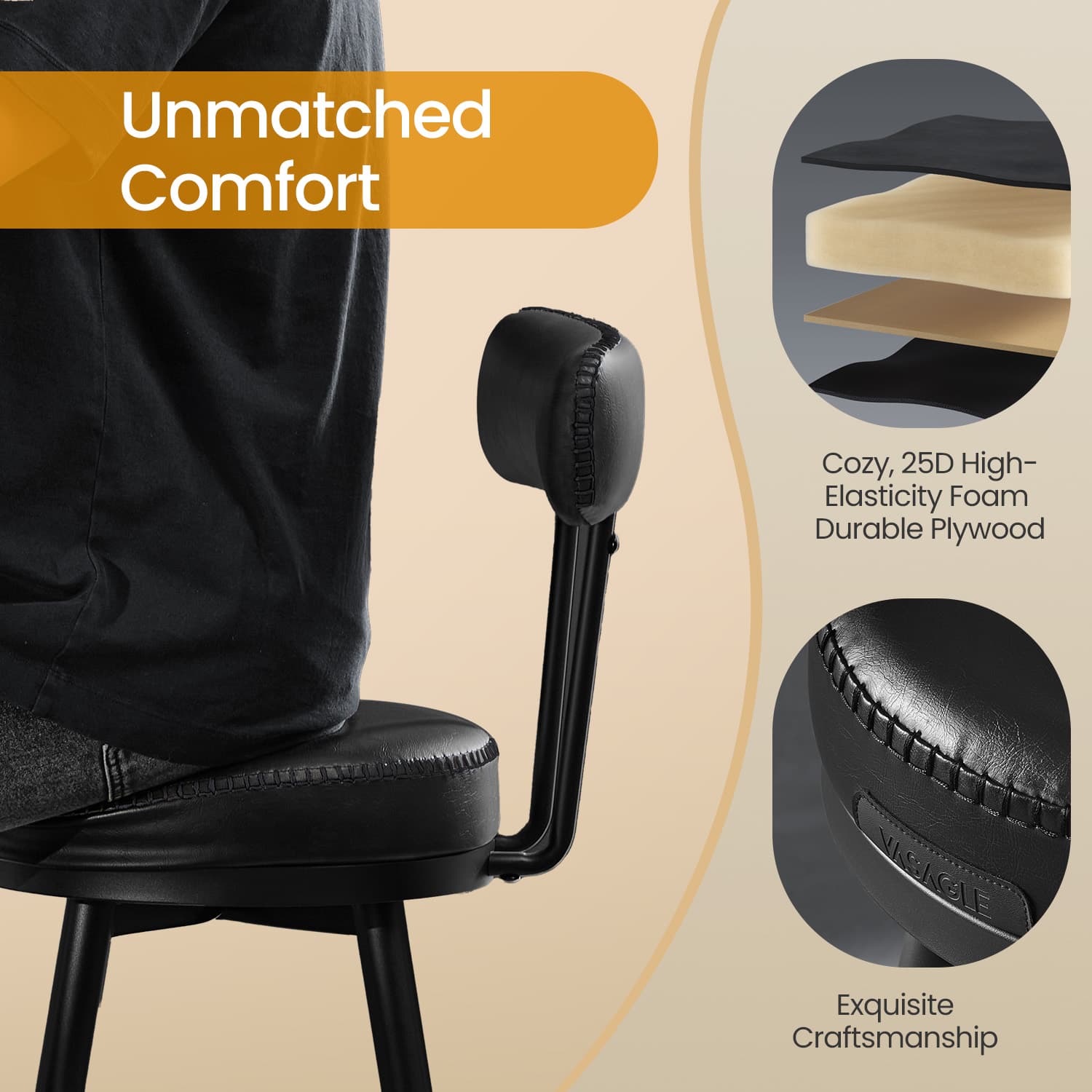 Set of 2 Bar Height Stools - 360° Swivel with Back - Synthetic Leather - Ink Black