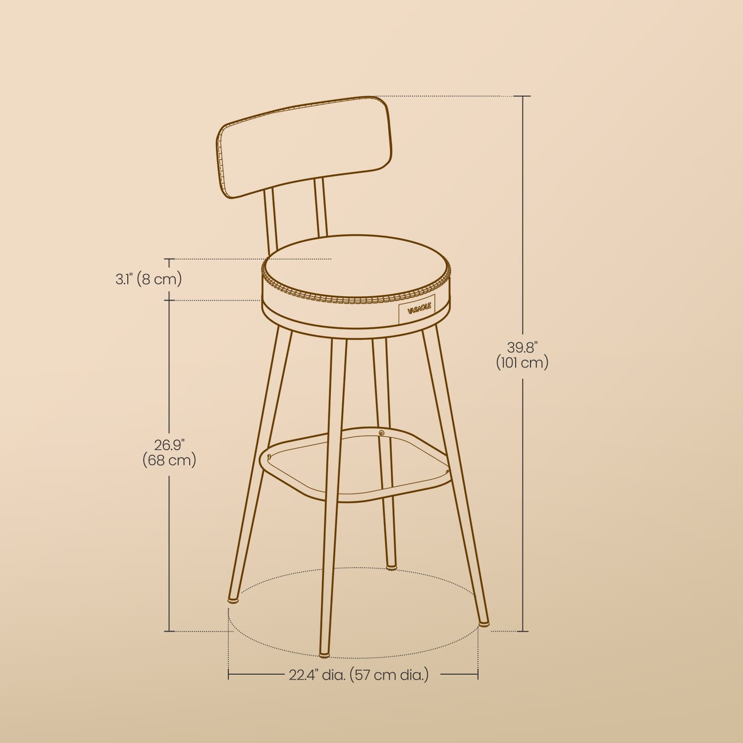 Set of 2 Bar Height Stools - 360° Swivel with Back - Synthetic Leather - Ink Black
