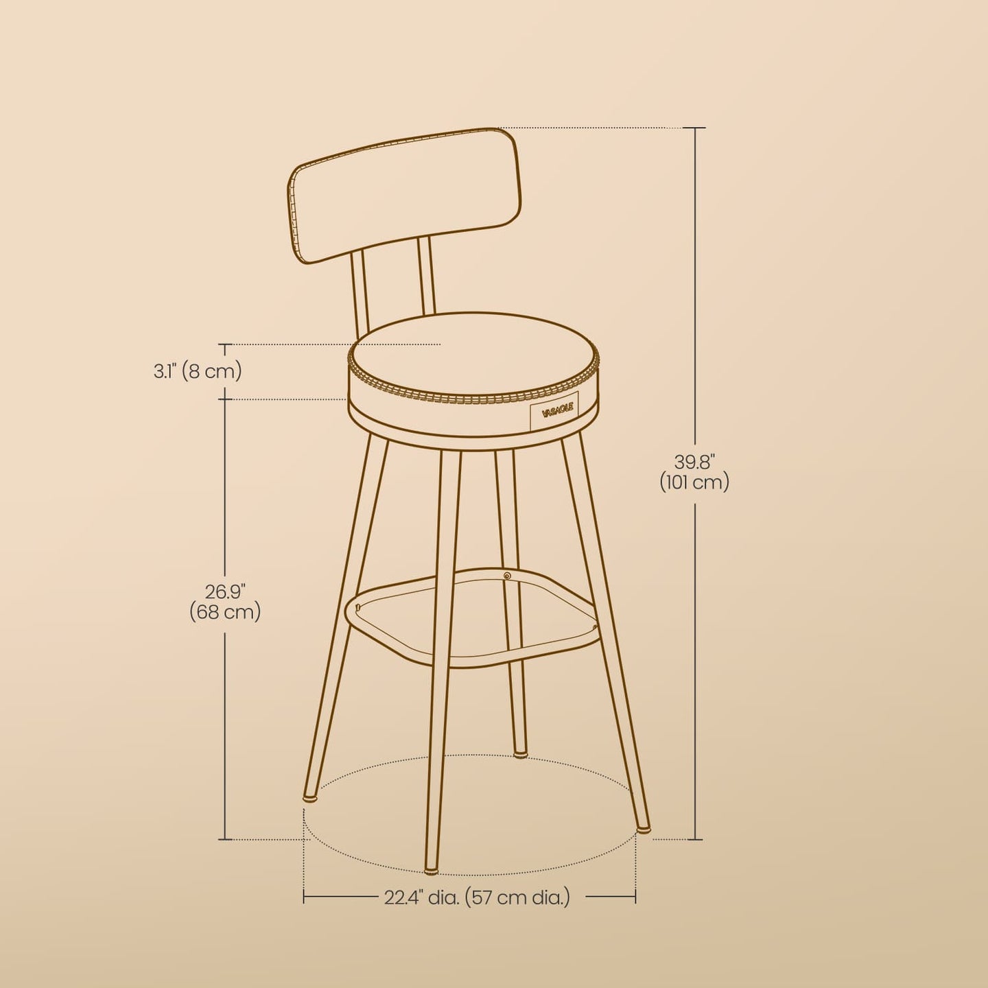 Set of 2 Bar Height Stools - 360° Swivel with Back - Synthetic Leather - Ink Black
