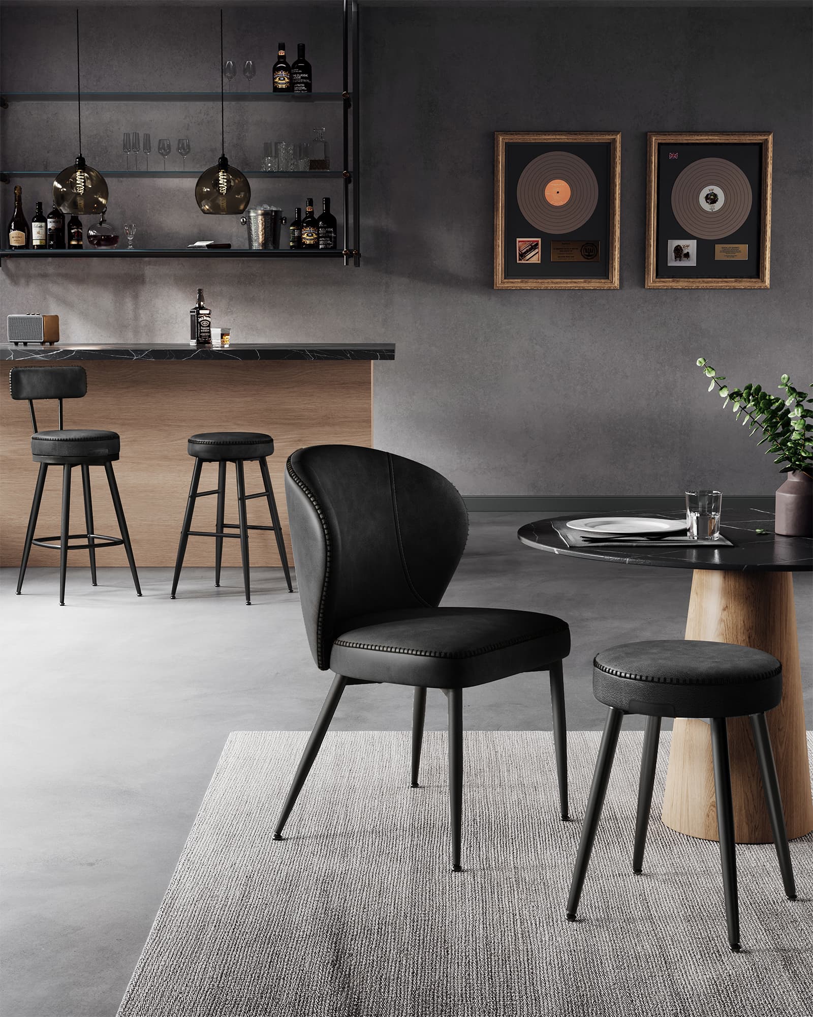 Bar Stools Set of 2 - Synthetic Leather - Ink Black - 360° Swivel