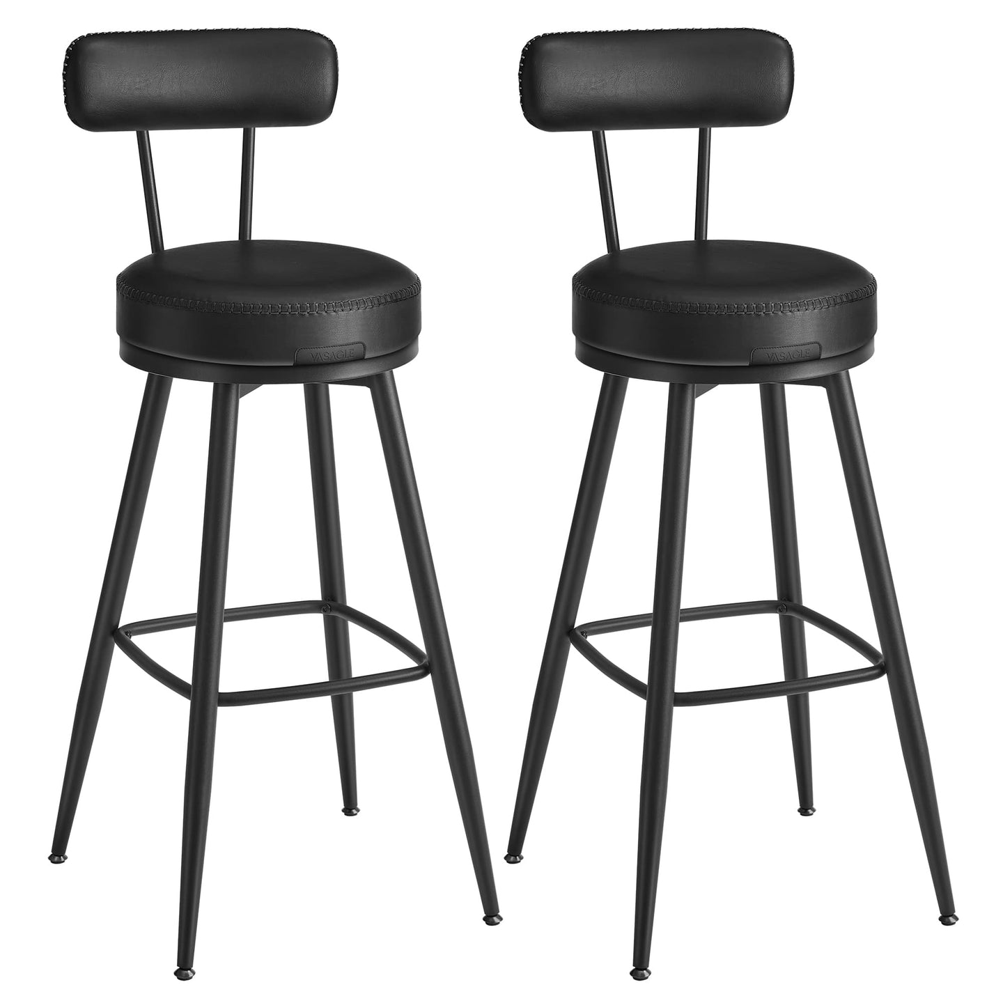 Bar Stools Set of 2 - Synthetic Leather - Ink Black - 360° Swivel