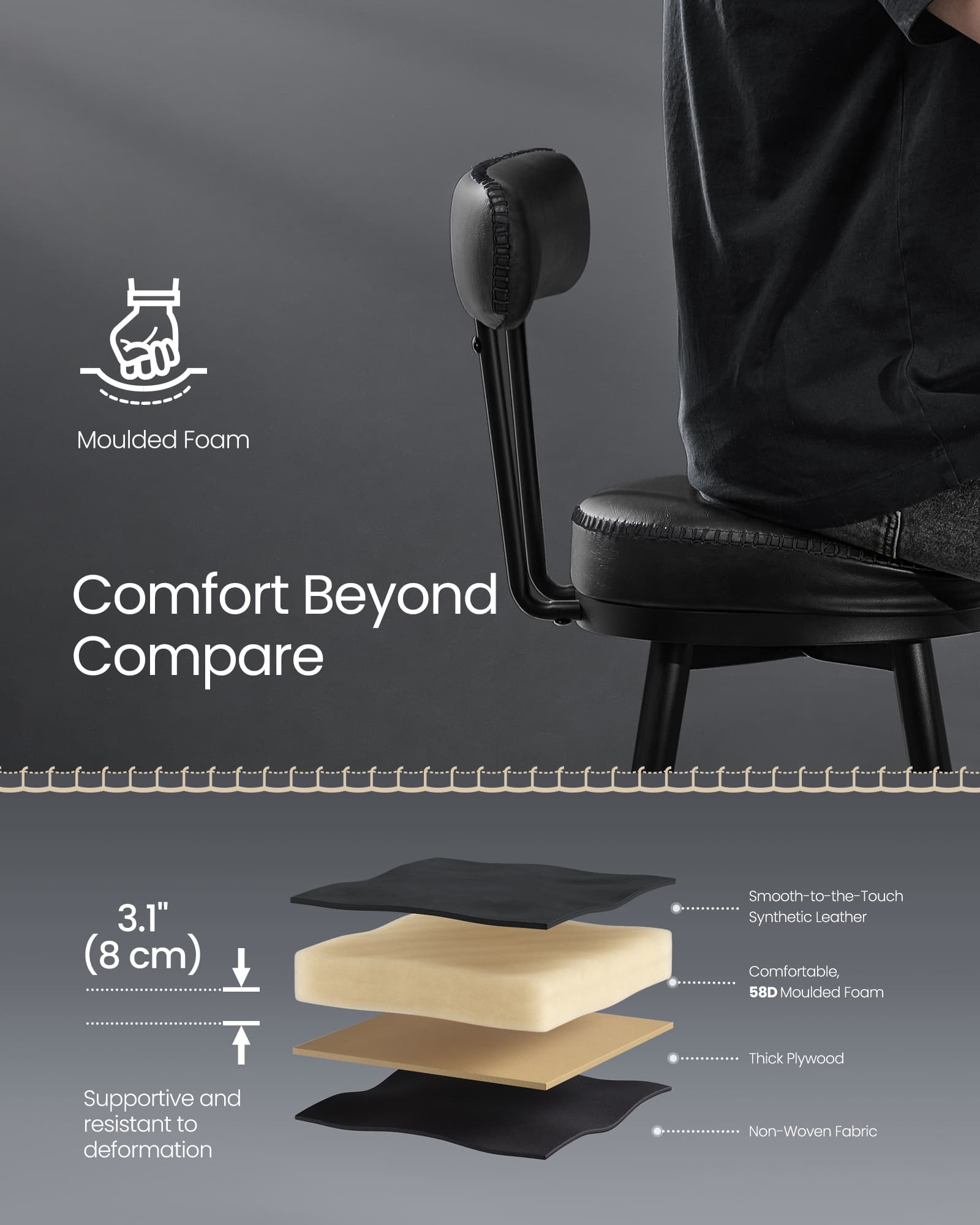 Bar Stools Set of 2 - Synthetic Leather - Ink Black - 360° Swivel