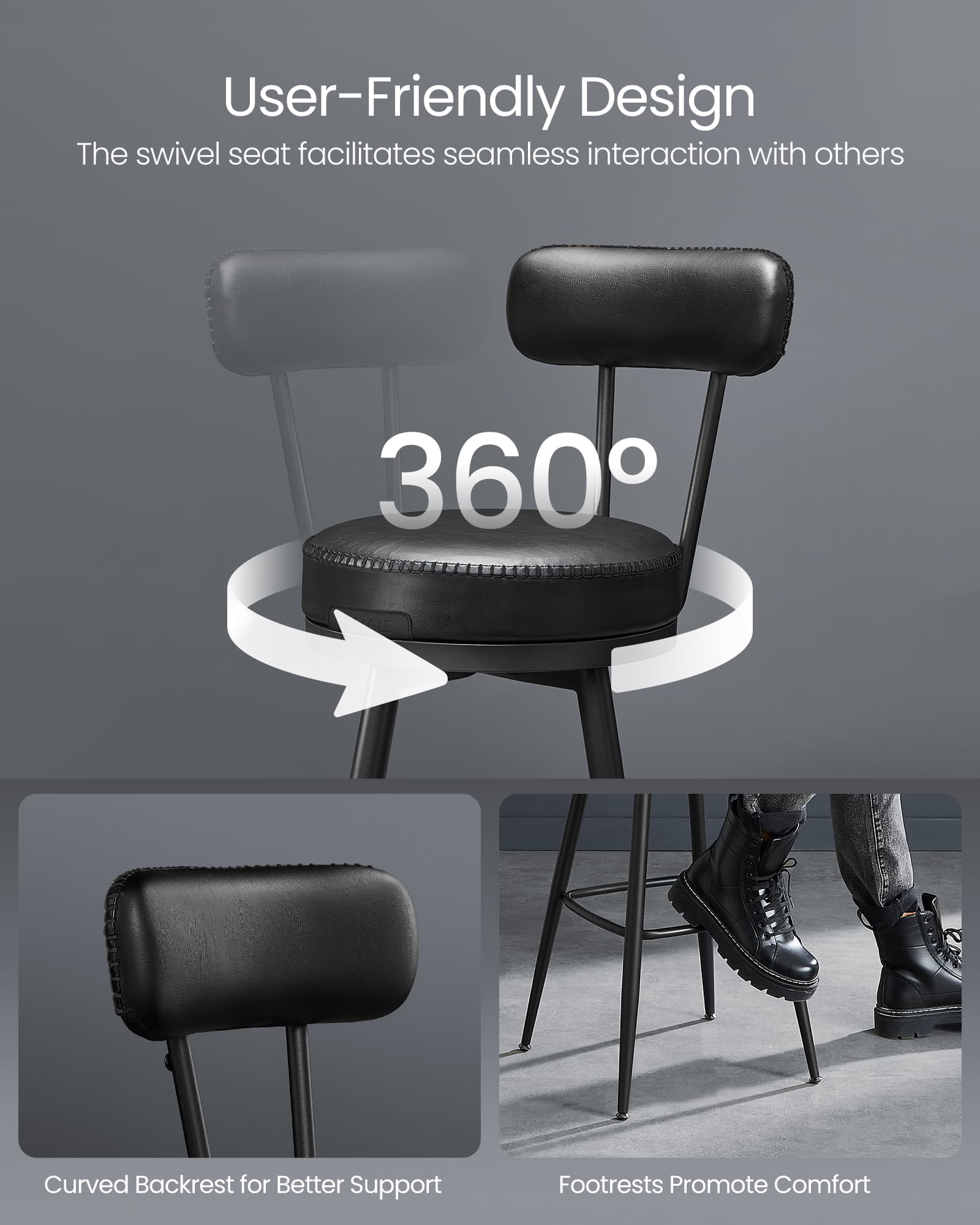 Bar Stools Set of 2 - Synthetic Leather - Ink Black - 360° Swivel