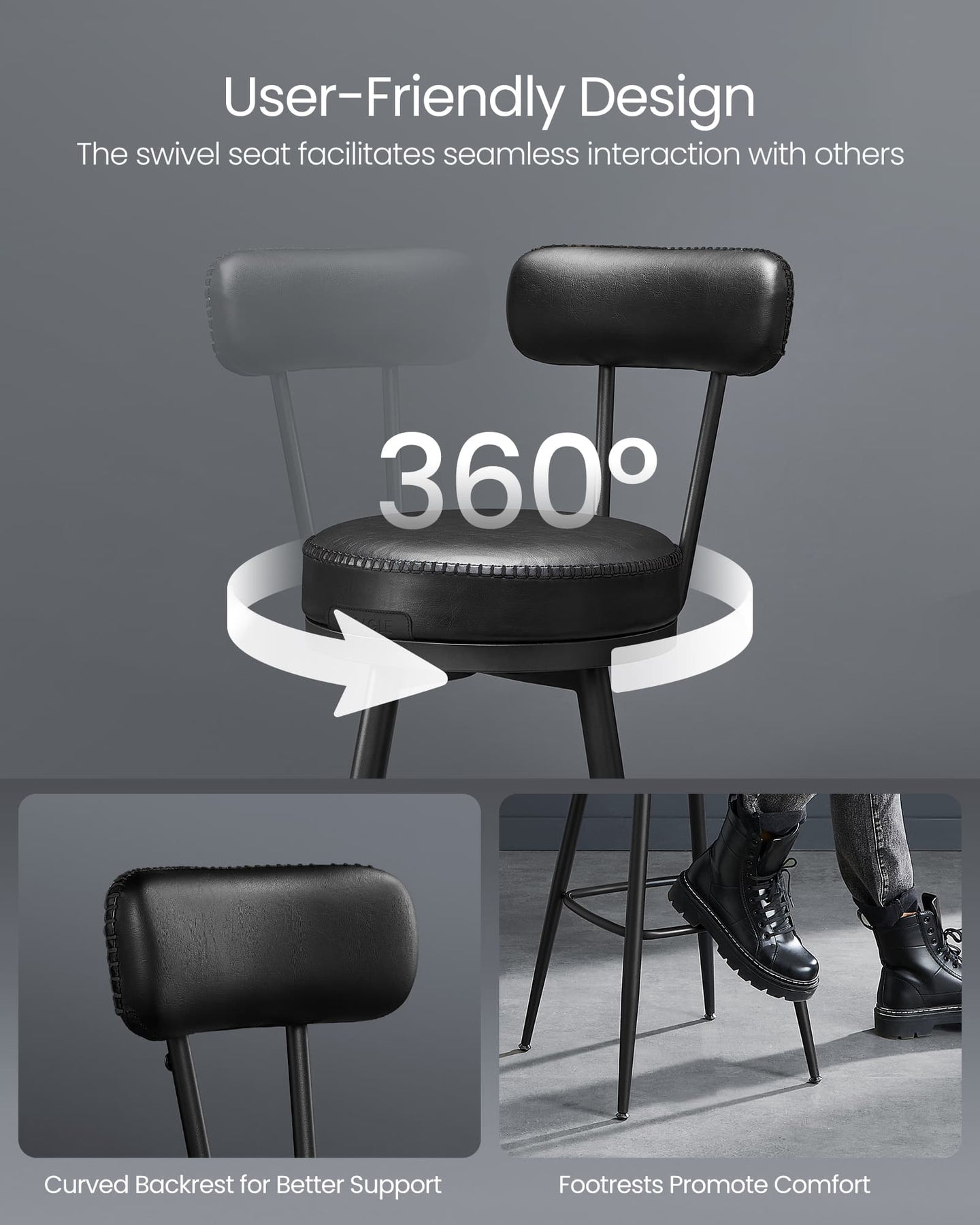 Bar Stools Set of 2 - Synthetic Leather - Ink Black - 360° Swivel