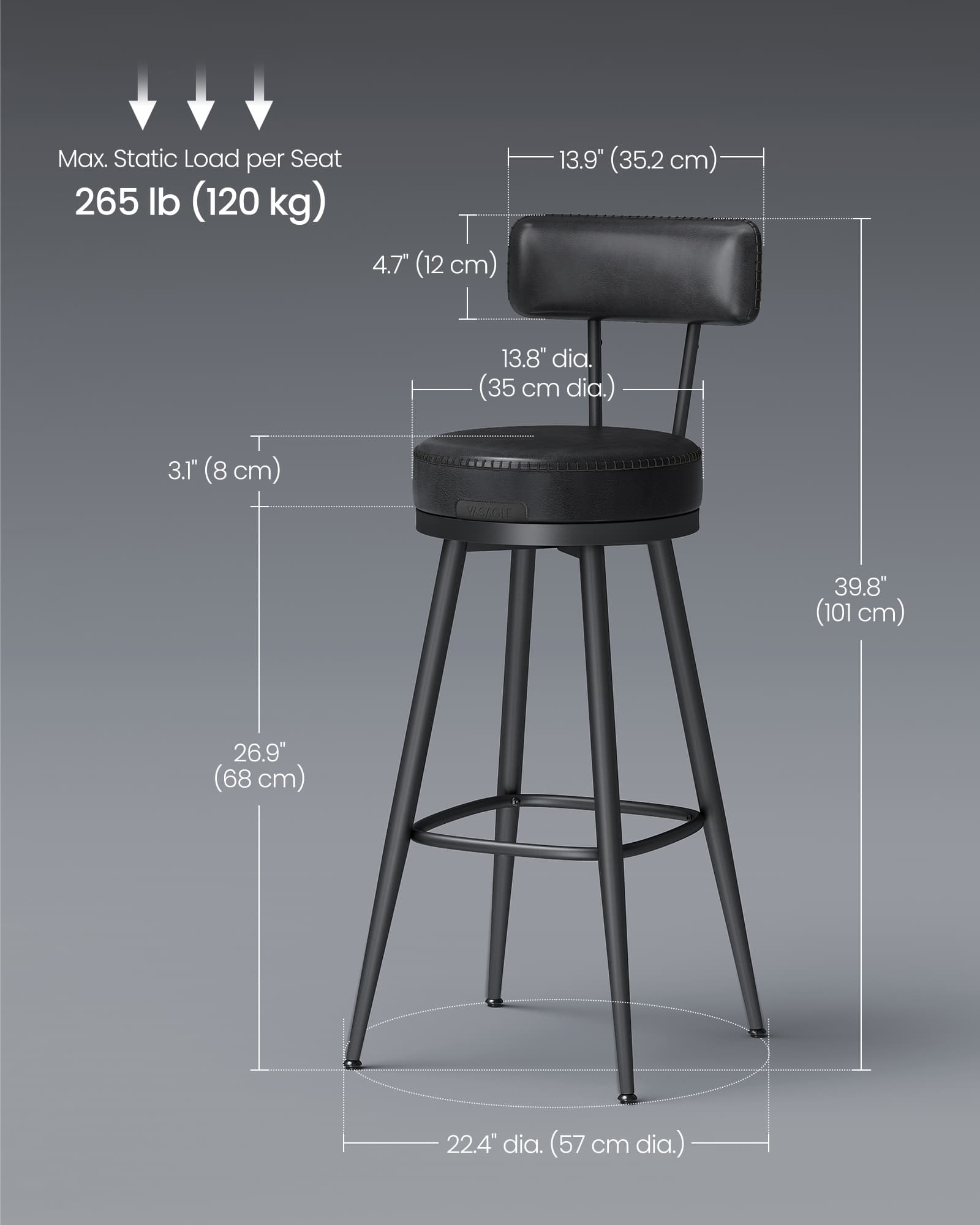 Bar Stools Set of 2 - Synthetic Leather - Ink Black - 360° Swivel