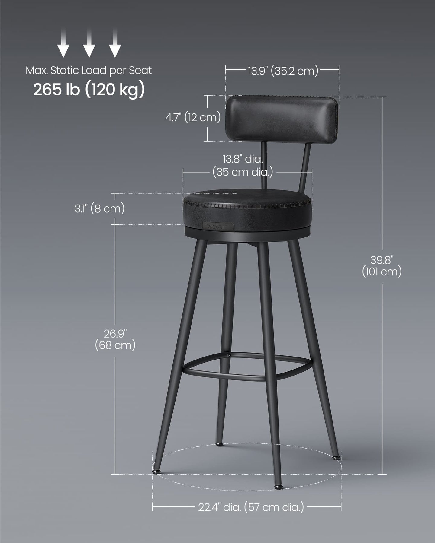 Bar Stools Set of 2 - Synthetic Leather - Ink Black - 360° Swivel