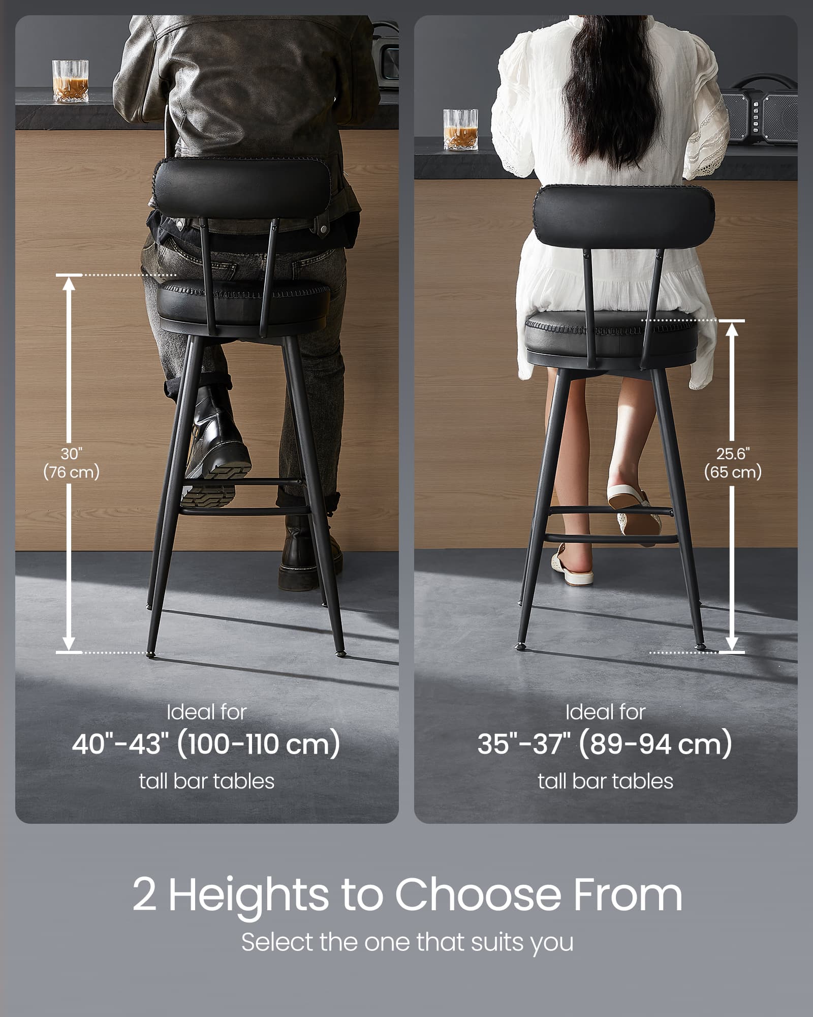 Bar Stools Set of 2 - Synthetic Leather - Ink Black - 360° Swivel