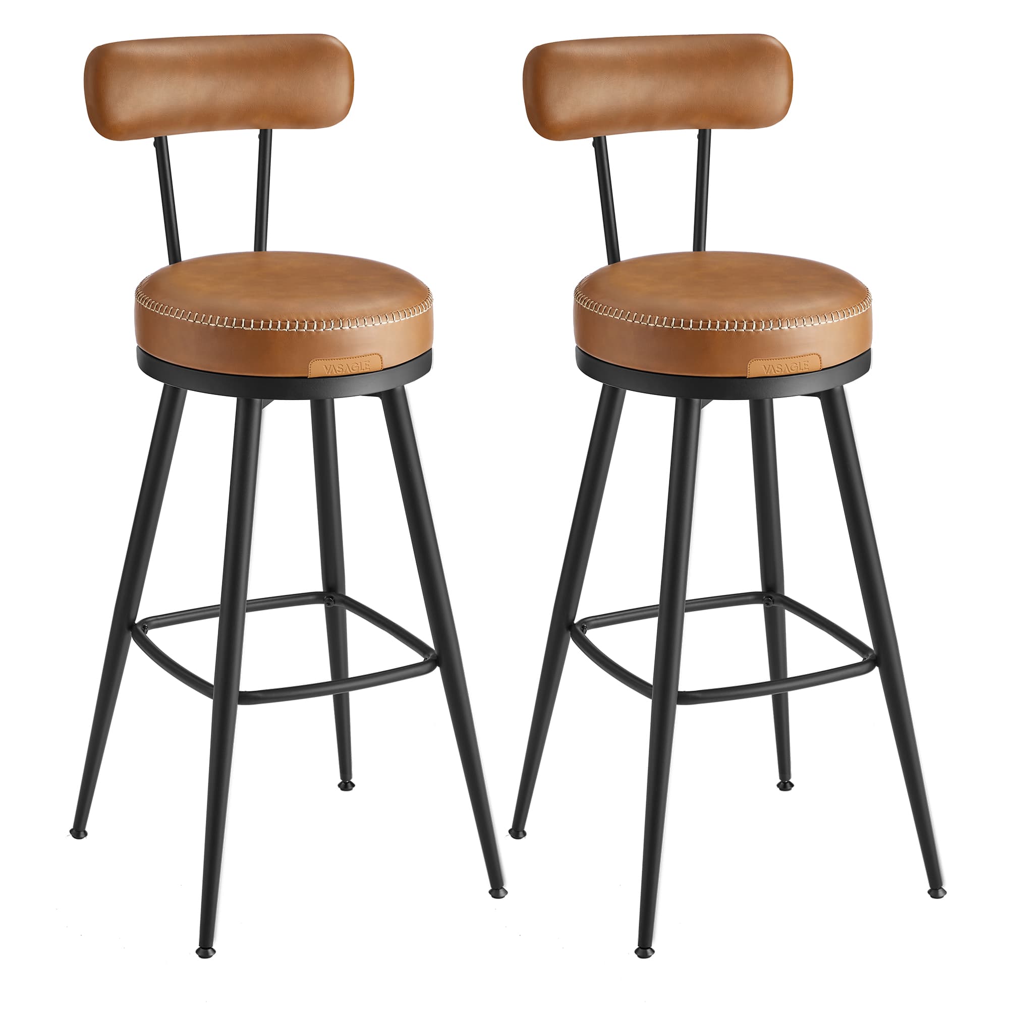 Bar Stools - 360° Swivel, Set of 2 - Synthetic Leather - Caramel Brown