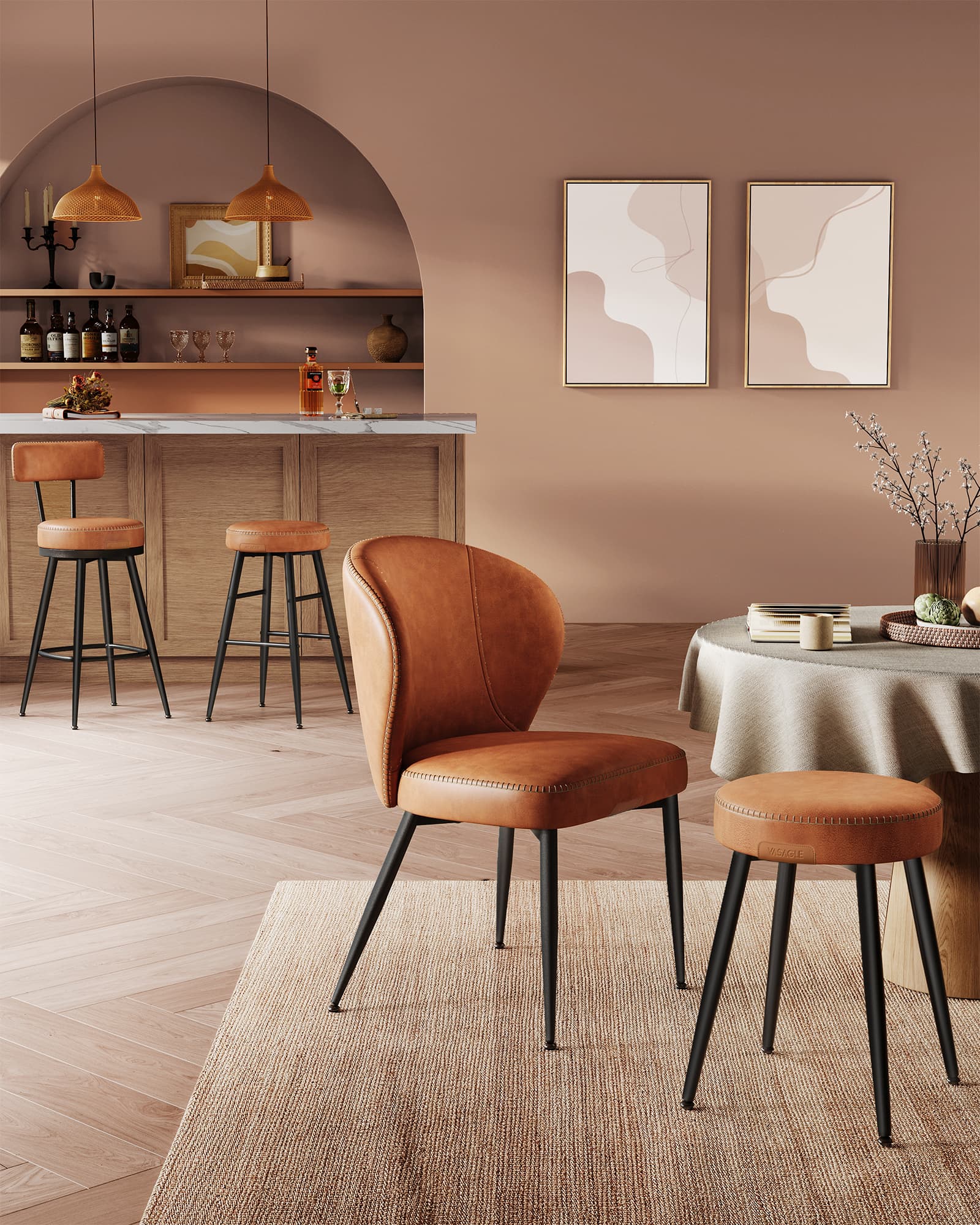 Bar Stools - 360° Swivel, Set of 2 - Synthetic Leather - Caramel Brown