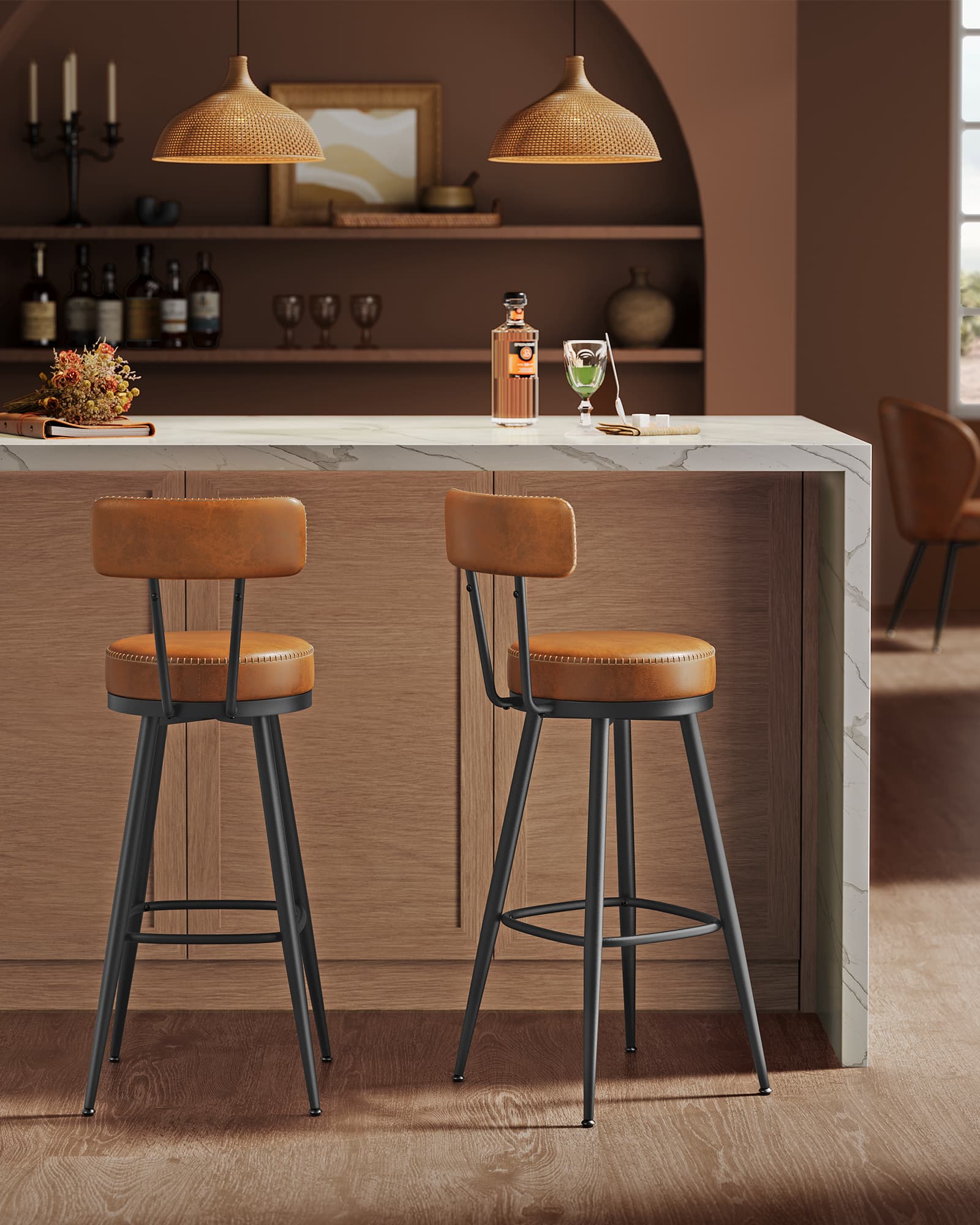 Bar Stools - 360° Swivel, Set of 2 - Synthetic Leather - Caramel Brown