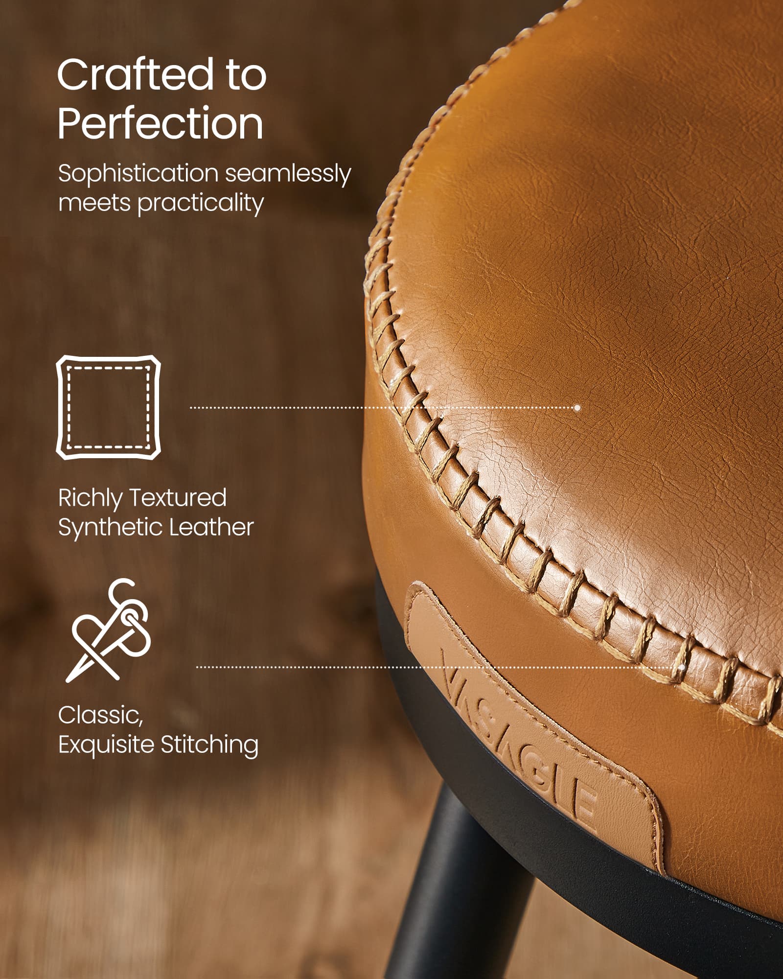 Bar Stools - 360° Swivel, Set of 2 - Synthetic Leather - Caramel Brown