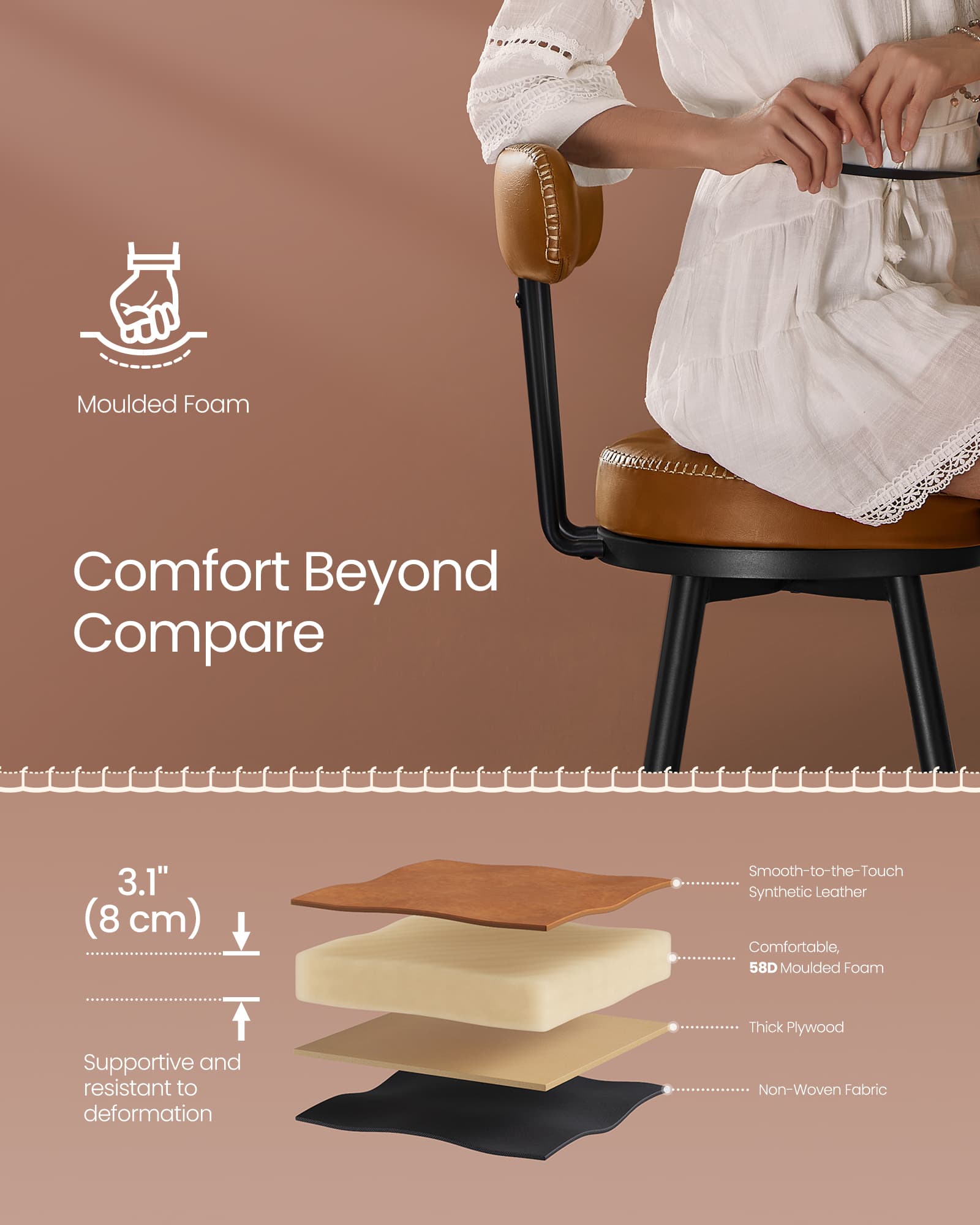 Bar Stools - 360° Swivel, Set of 2 - Synthetic Leather - Caramel Brown