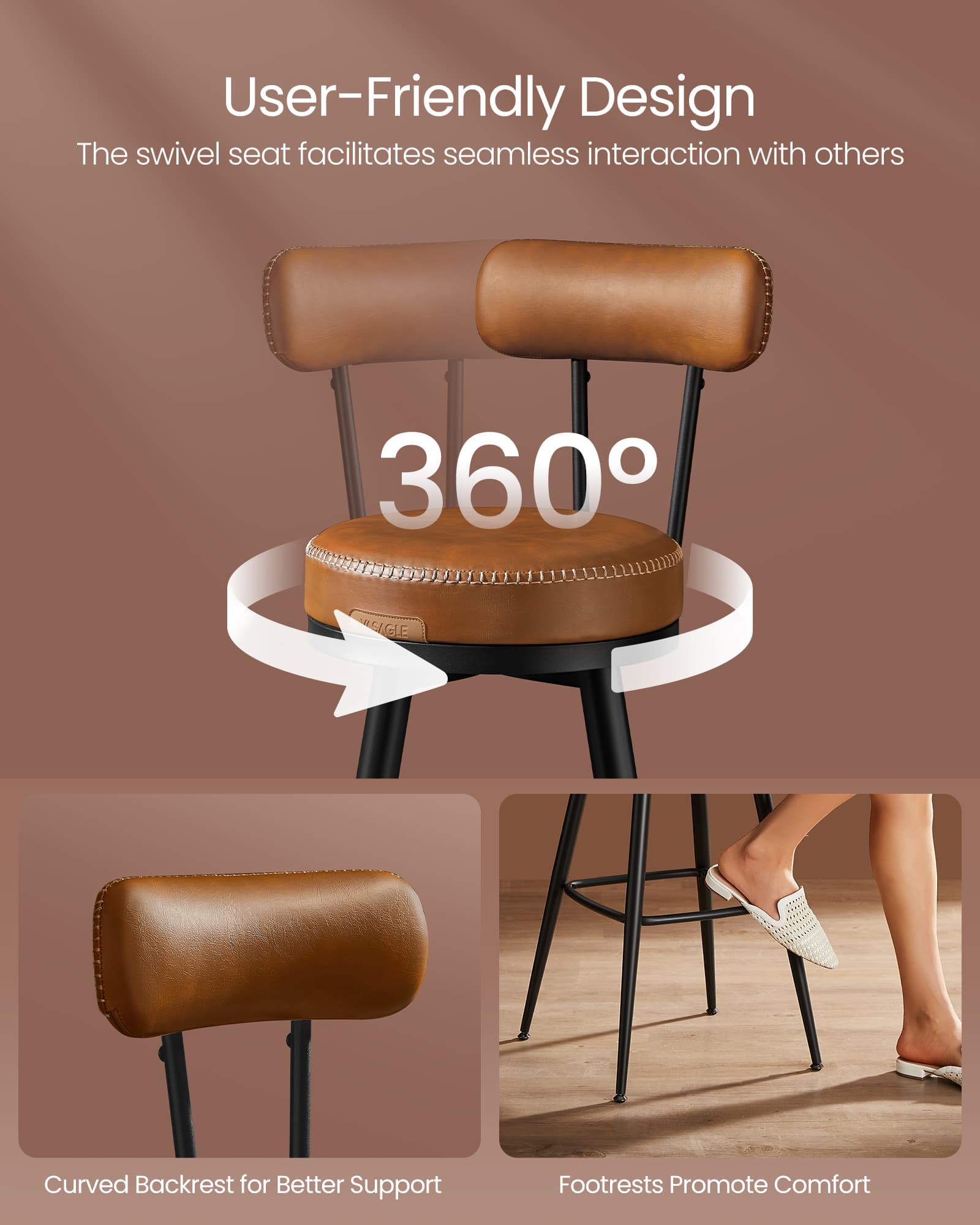 Bar Stools - 360° Swivel, Set of 2 - Synthetic Leather - Caramel Brown