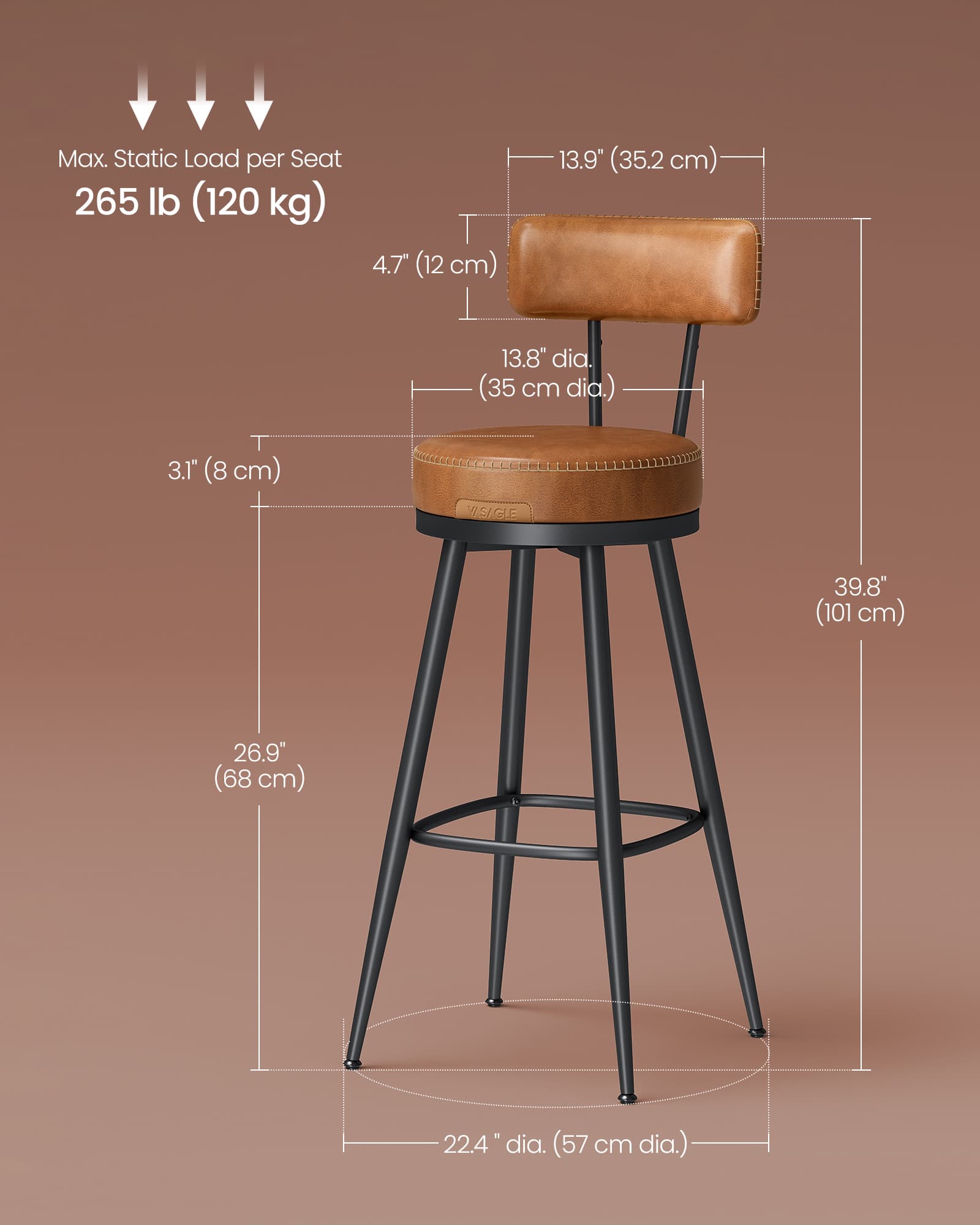 Bar Stools - 360° Swivel, Set of 2 - Synthetic Leather - Caramel Brown