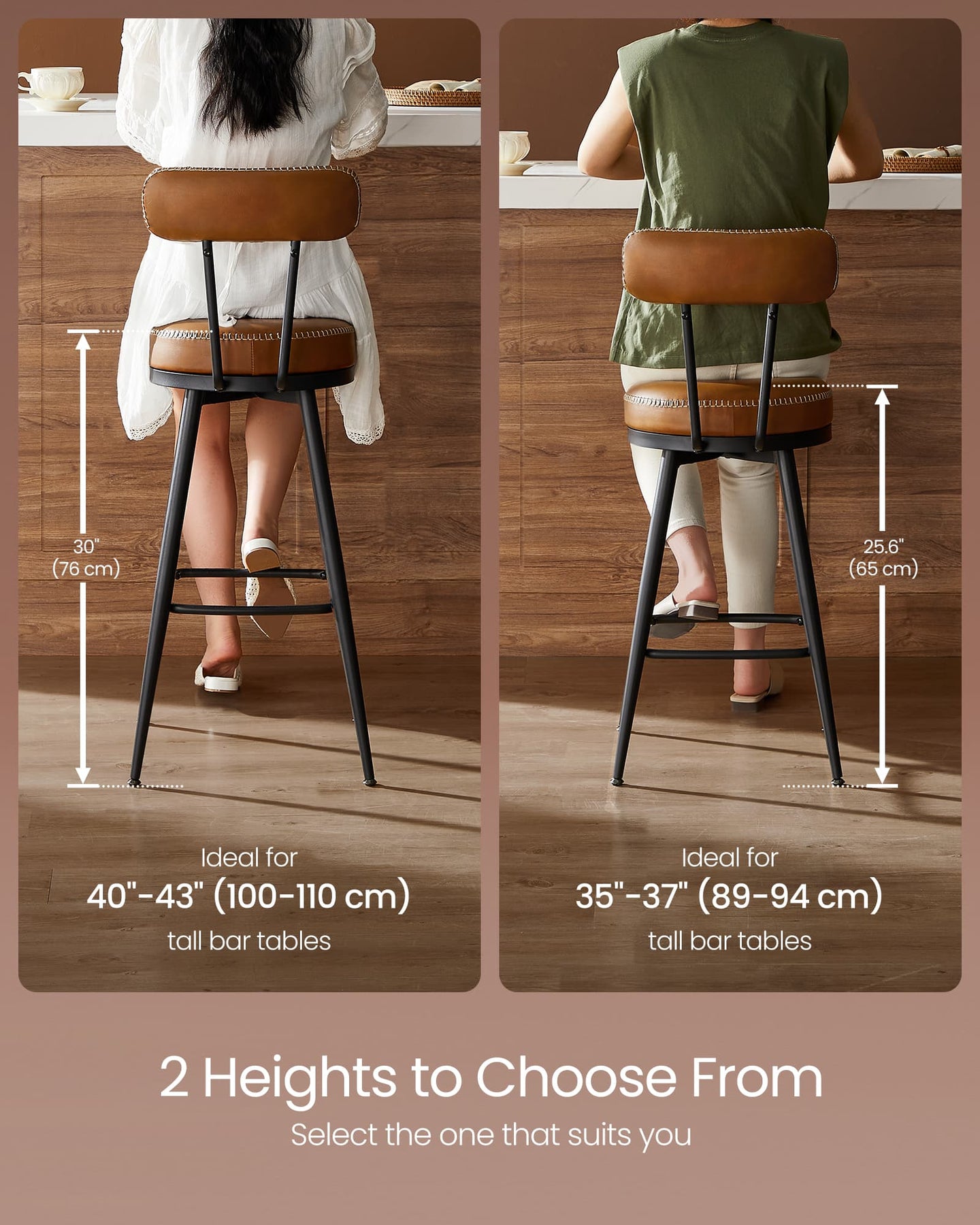 Bar Stools - 360° Swivel, Set of 2 - Synthetic Leather - Caramel Brown