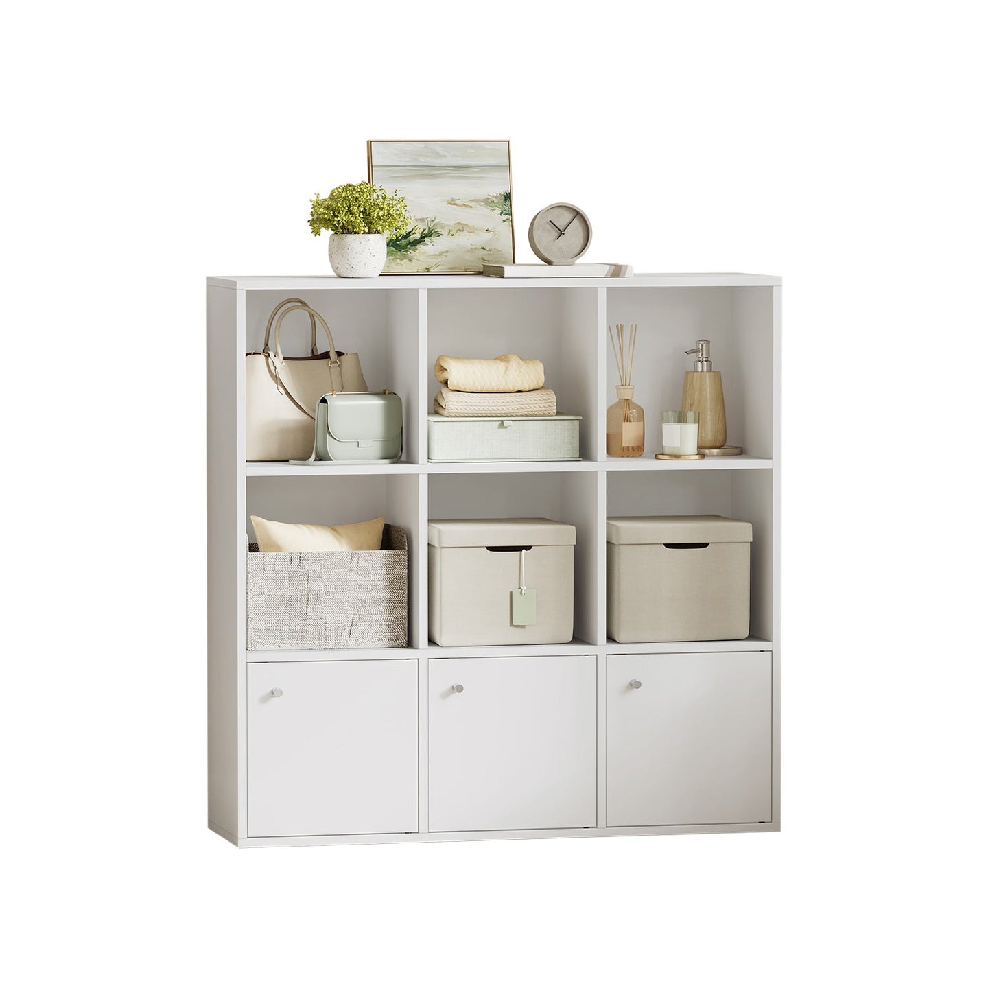 9-Cube Bookshelf - 3 Enclosed Cabinets - Particleboard - Freestanding