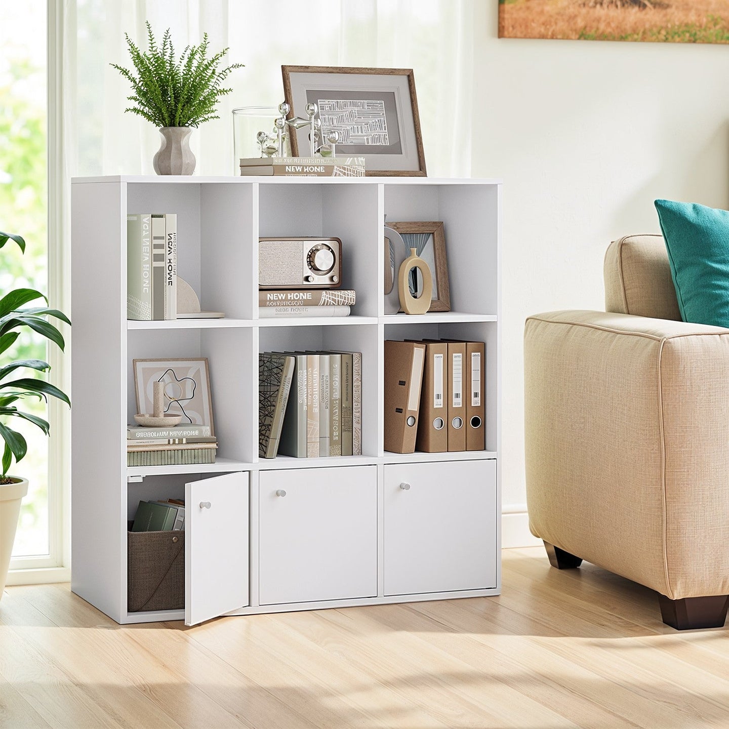 9-Cube Bookshelf - 3 Enclosed Cabinets - Particleboard - Freestanding
