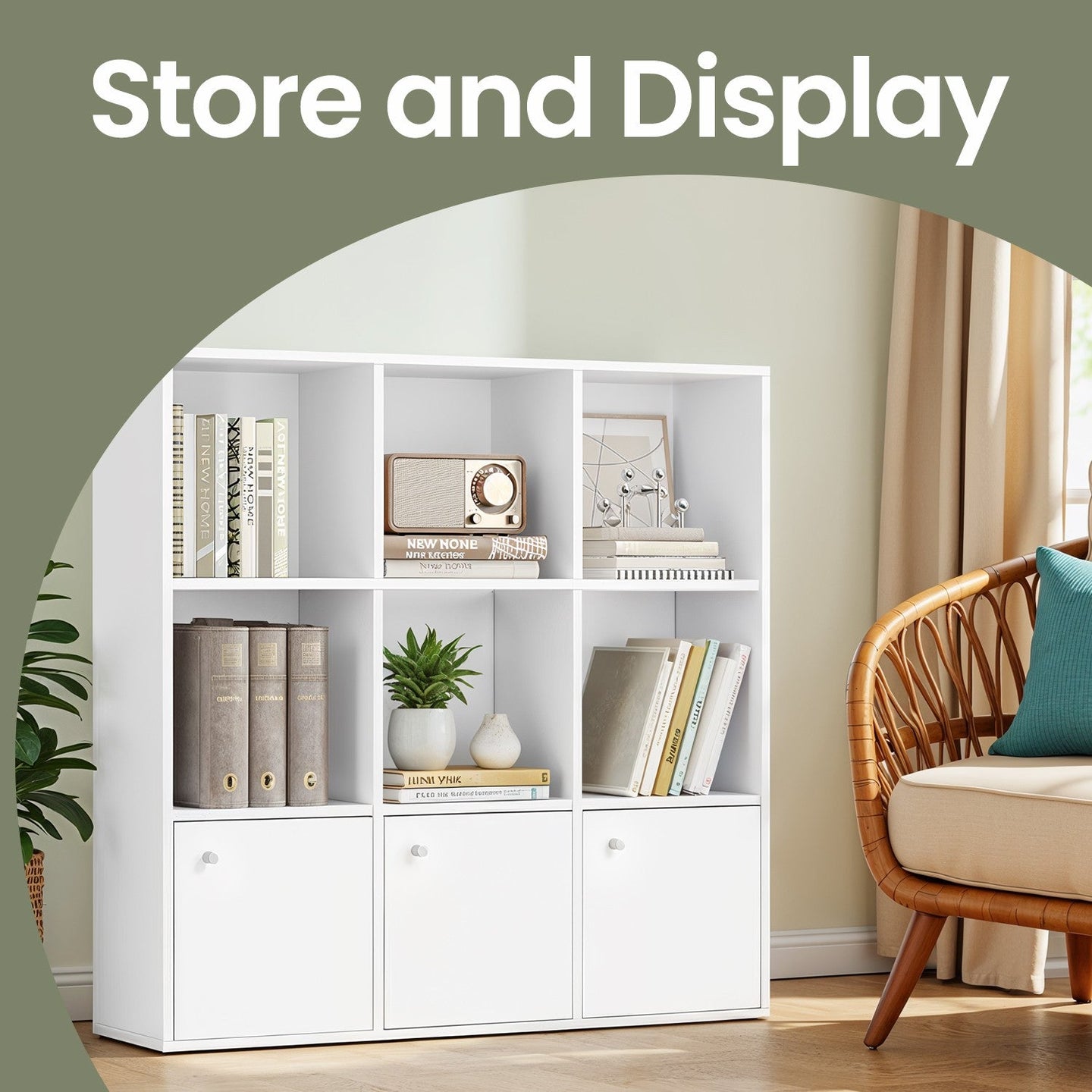 9-Cube Bookshelf - 3 Enclosed Cabinets - Particleboard - Freestanding