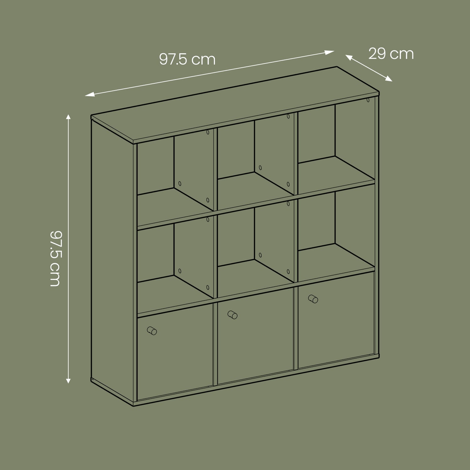 9-Cube Bookshelf - 3 Enclosed Cabinets - Particleboard - Freestanding