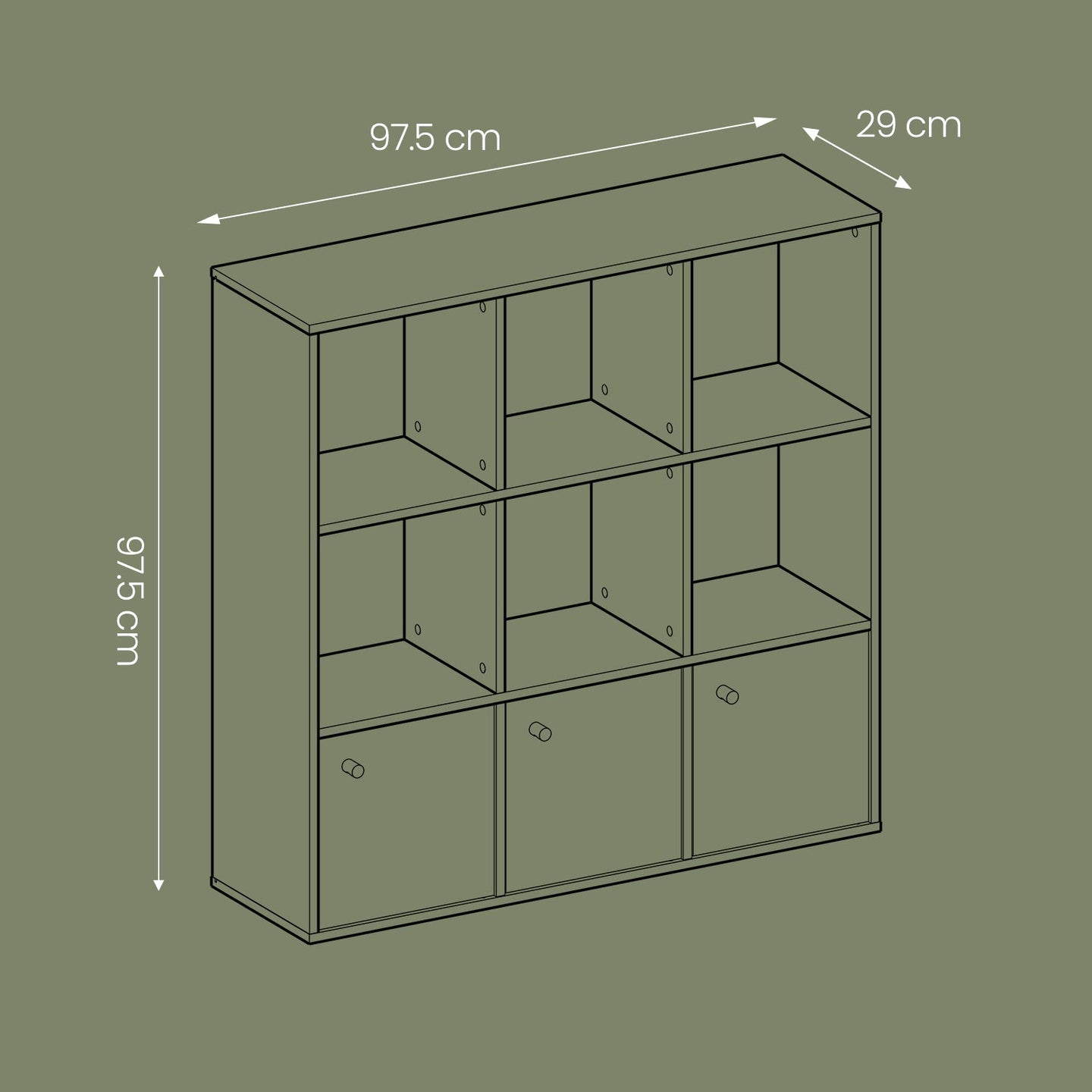 9-Cube Bookshelf - 3 Enclosed Cabinets - Particleboard - Freestanding